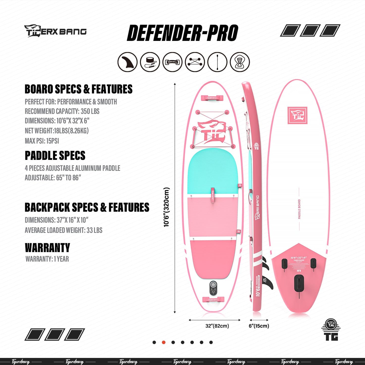 TIGERXBANG SUP Board 320x82x15cm, aufblasbar mit Doppelpaddel & Kajak-Sitz, robustes Stand Up Paddleboard, Defender-Pro Kollektion Rosa