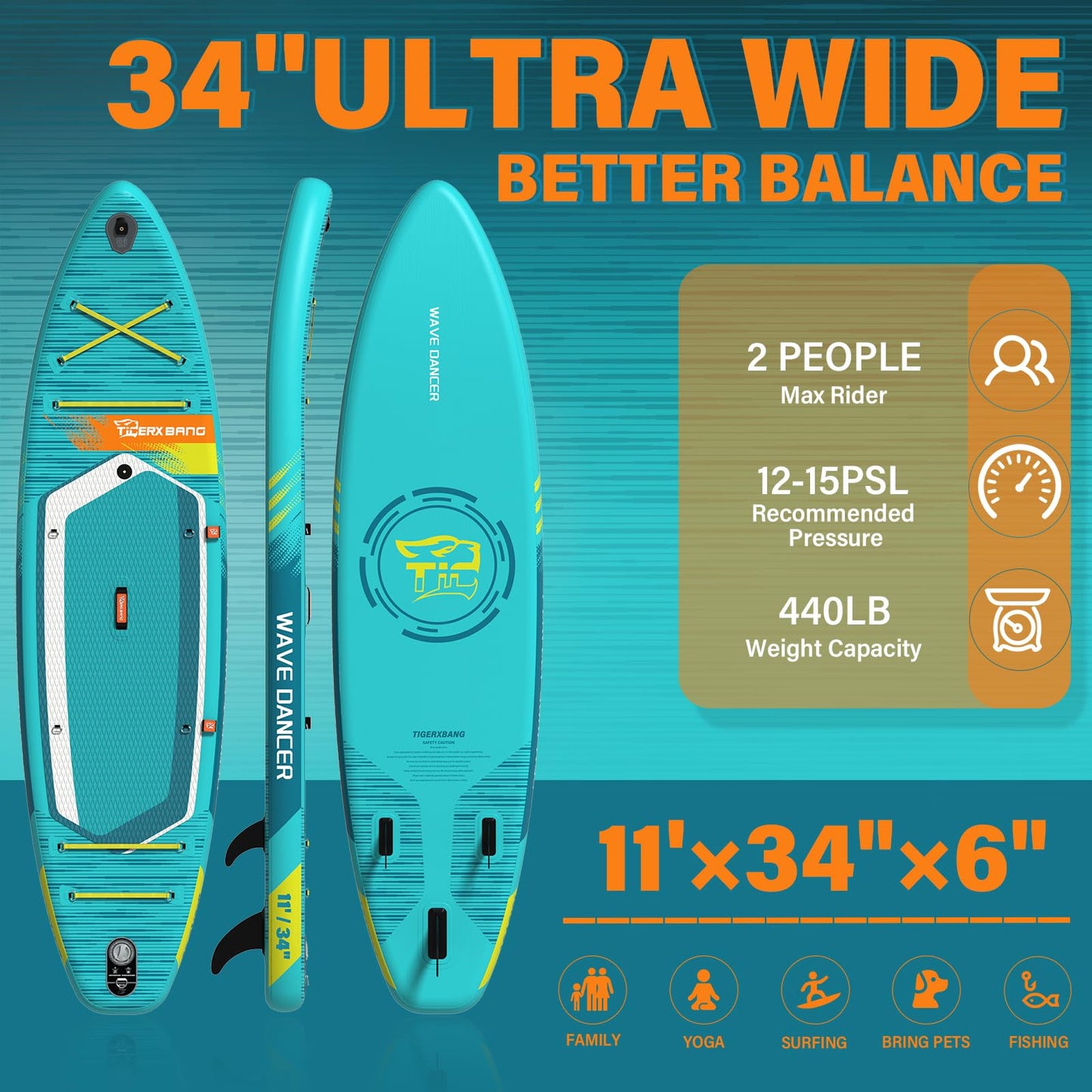 TIGERXBANG Aufblasbares SUP Board 335x86x15cm, vielseitig & stabil, für Erwachsene & Jugendliche, inkl. komplettem Zubehör, Wave Rider Blau