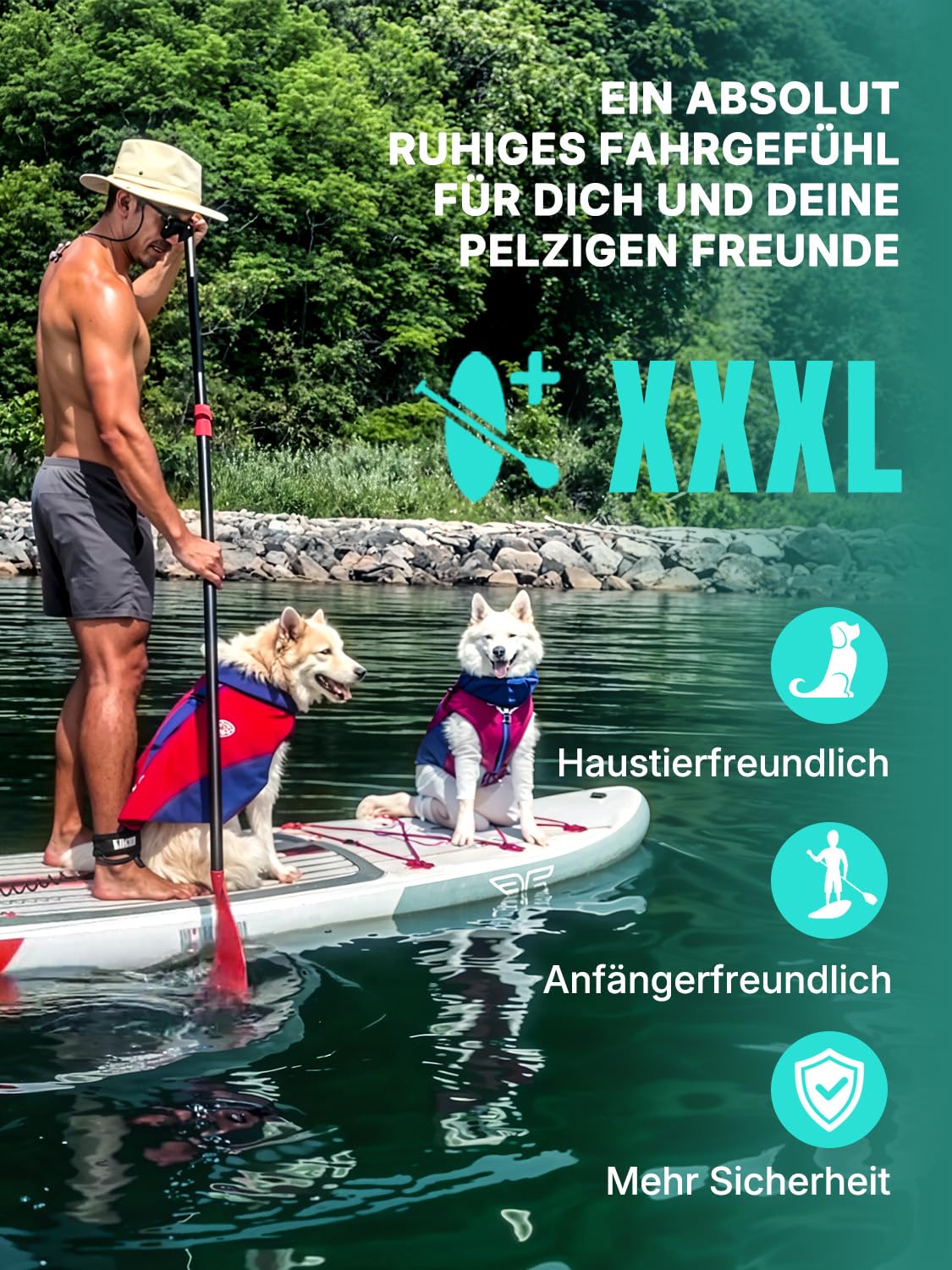 Niphean Extra Groß SUP Board für 2+1 Personen/Familien, anfängerfreundlich mit Balancierflügel, inkl. Zubehör & wasserdichter Handyhülle
