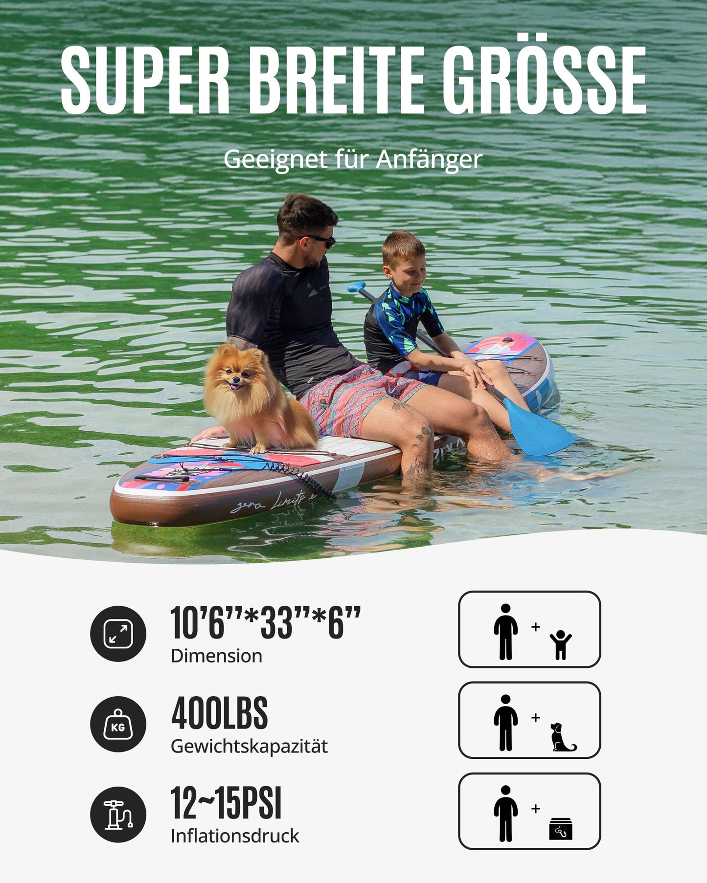 ZLX SUP Board 320cm mit Sitz, aufblasbar & stabil, rutschfestes Deck, inkl. Pumpe, für Erwachsene, Familien & einsteigerfreundlich