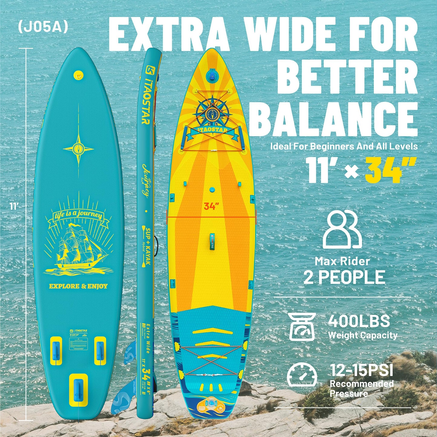 iTAOSTAR J05AA SUP Board, aufblasbar & extra breit 34" für bessere Balance, robustes Paddle Board für Erwachsene & Jugendliche inkl. Zubehör