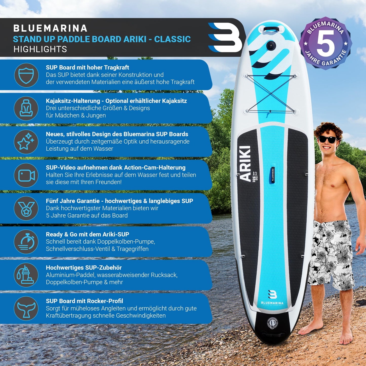 Bluemarina Ariki SUP Board aufblasbar 325x86x15cm, 140kg Tragkraft, inkl. Paddel-Set & Surfbrett-Zubehör, 5 Jahre Garantie