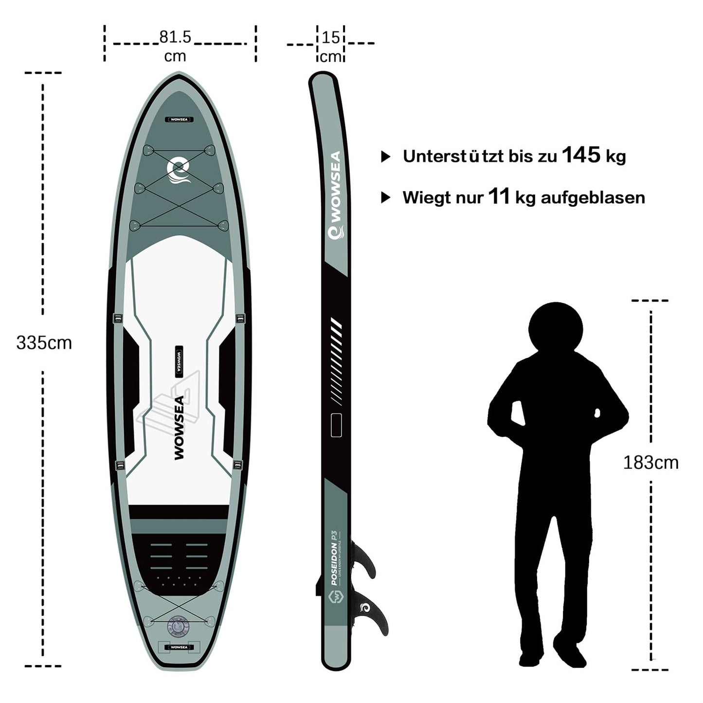 WOWSEA Poseidon P3 Aufblasbares SUP Board, stabiles Touren-Paddleboard für Reisen & Freizeit, inkl. iSUP Zubehör, ideal für Lernen & Erholung