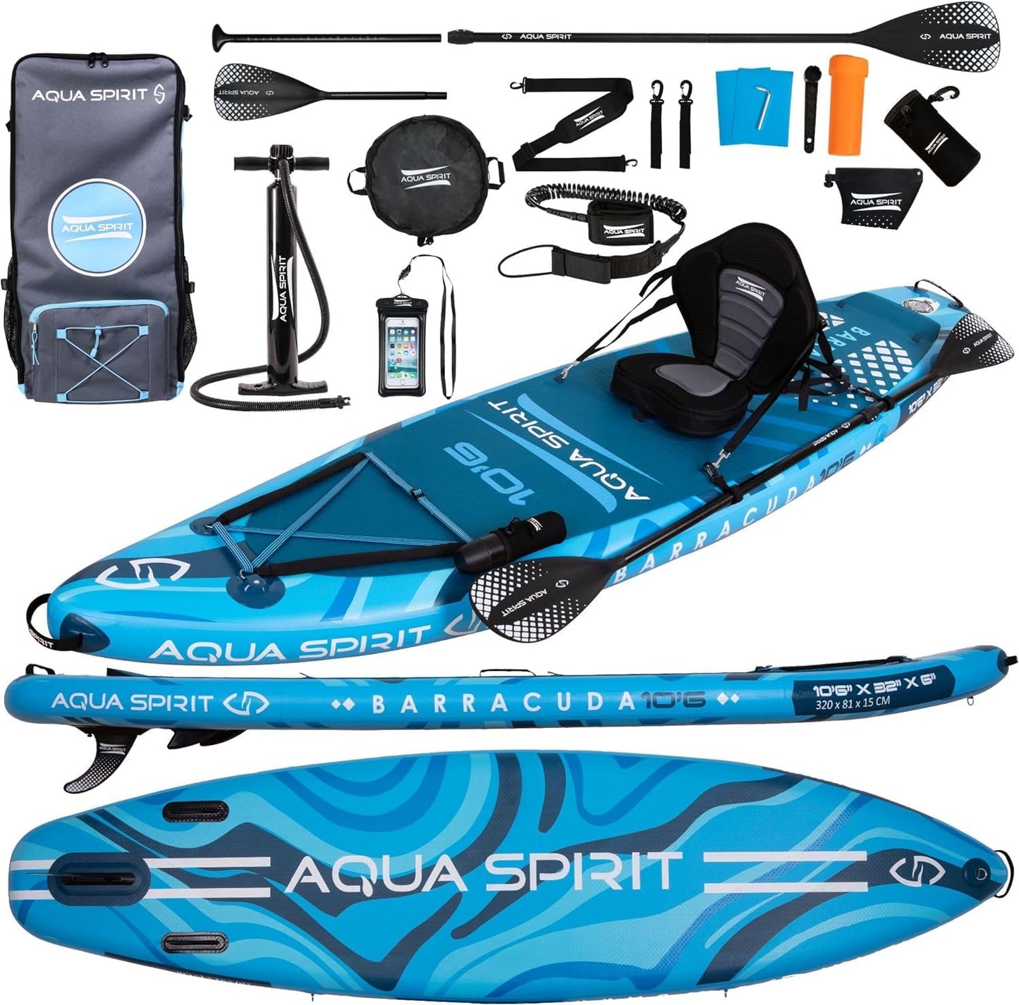 Aqua Spirit SUP Board aufblasbar 320x81x15cm, inkl. Paddel, Kajaksitz, Rucksack, Pumpe & Zubehör, für Erwachsene Anfänger & Experten, Blau