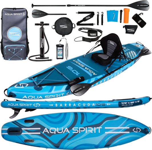Aqua Spirit SUP Board aufblasbar 320x81x15cm, inkl. Paddel, Kajaksitz, Rucksack, Pumpe & Zubehör, für Erwachsene Anfänger & Experten, Blau