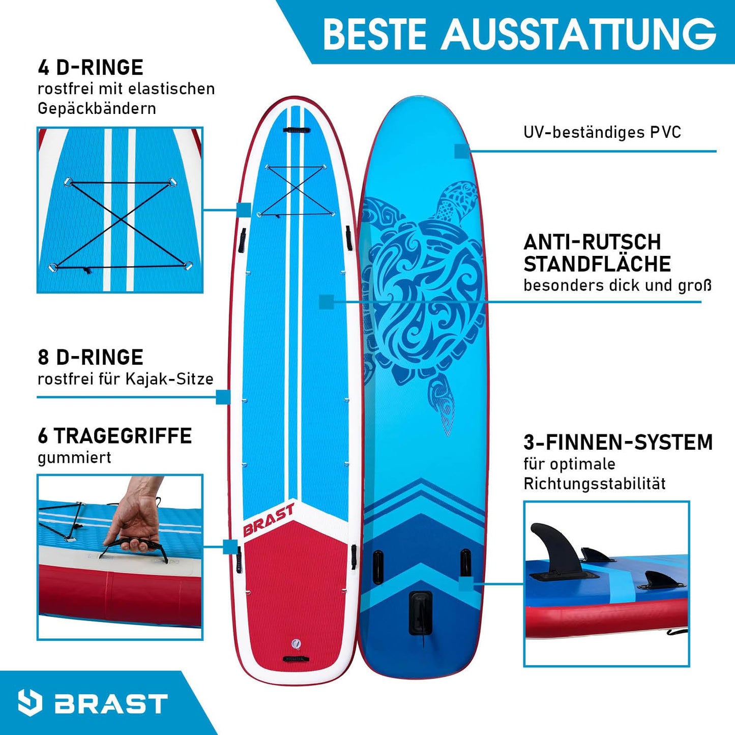 BRAST® SUP Board Family XXL 370x87x15cm, bis 210kg, aufblasbar, inkl. Zubehör-Set mit 2 Kajaksitzen, 2 Paddeln, Pumpe & Rucksack, Design Turtle