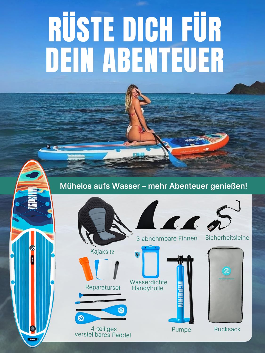 Niphean SUP Board 320cm für Erwachsene, bis 200kg Tragkraft für 2 Personen, inkl. Sitz & komplettem Zubehör, geeignet für alle Fähigkeitsstufen