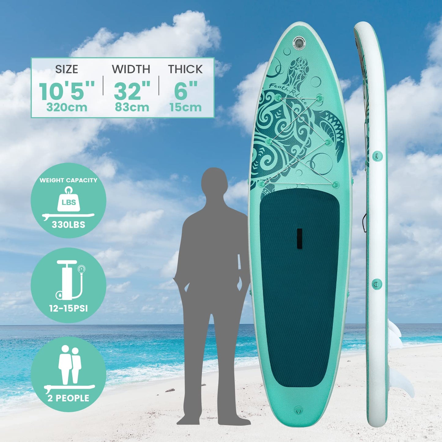 FEATH-R-LITE Aufblasbares SUP Board, Surfbrett mit komplettem Zubehör, verstellbares Paddel, Pumpe, Rucksack, Leine & Dry Bag, für Erwachsene
