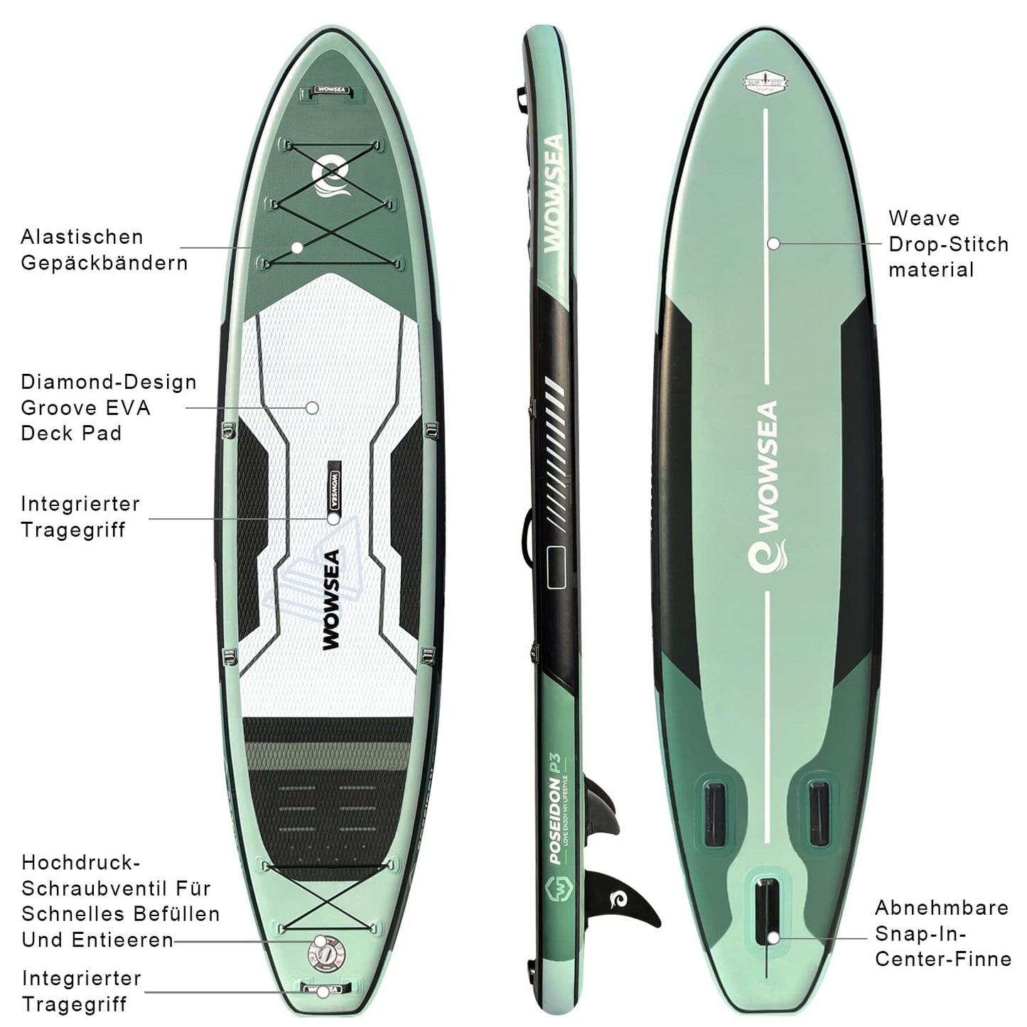 WOWSEA Poseidon P3 Aufblasbares SUP Board, stabiles Touren-Paddleboard für Reisen & Freizeit, inkl. iSUP Zubehör, ideal für Lernen & Erholung
