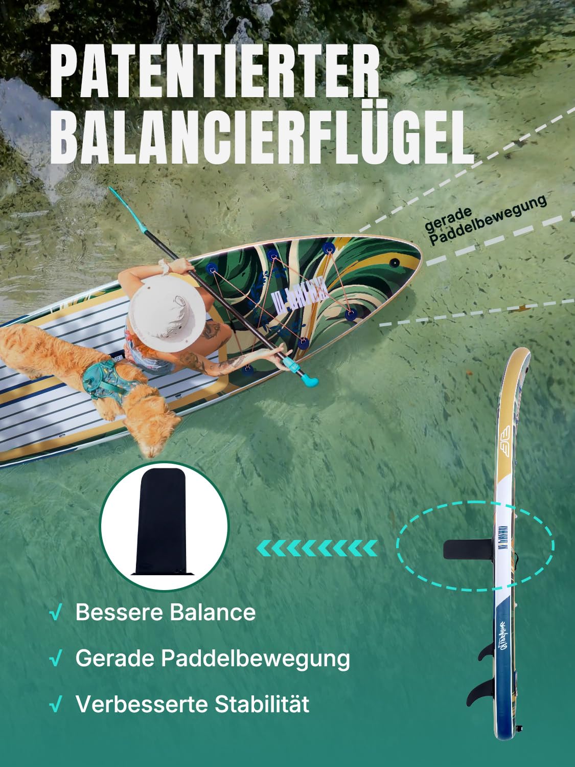 Niphean Extra Groß SUP Board für 2+1 Personen/Familien, anfängerfreundlich mit Balancierflügel, inkl. Zubehör & wasserdichter Handyhülle
