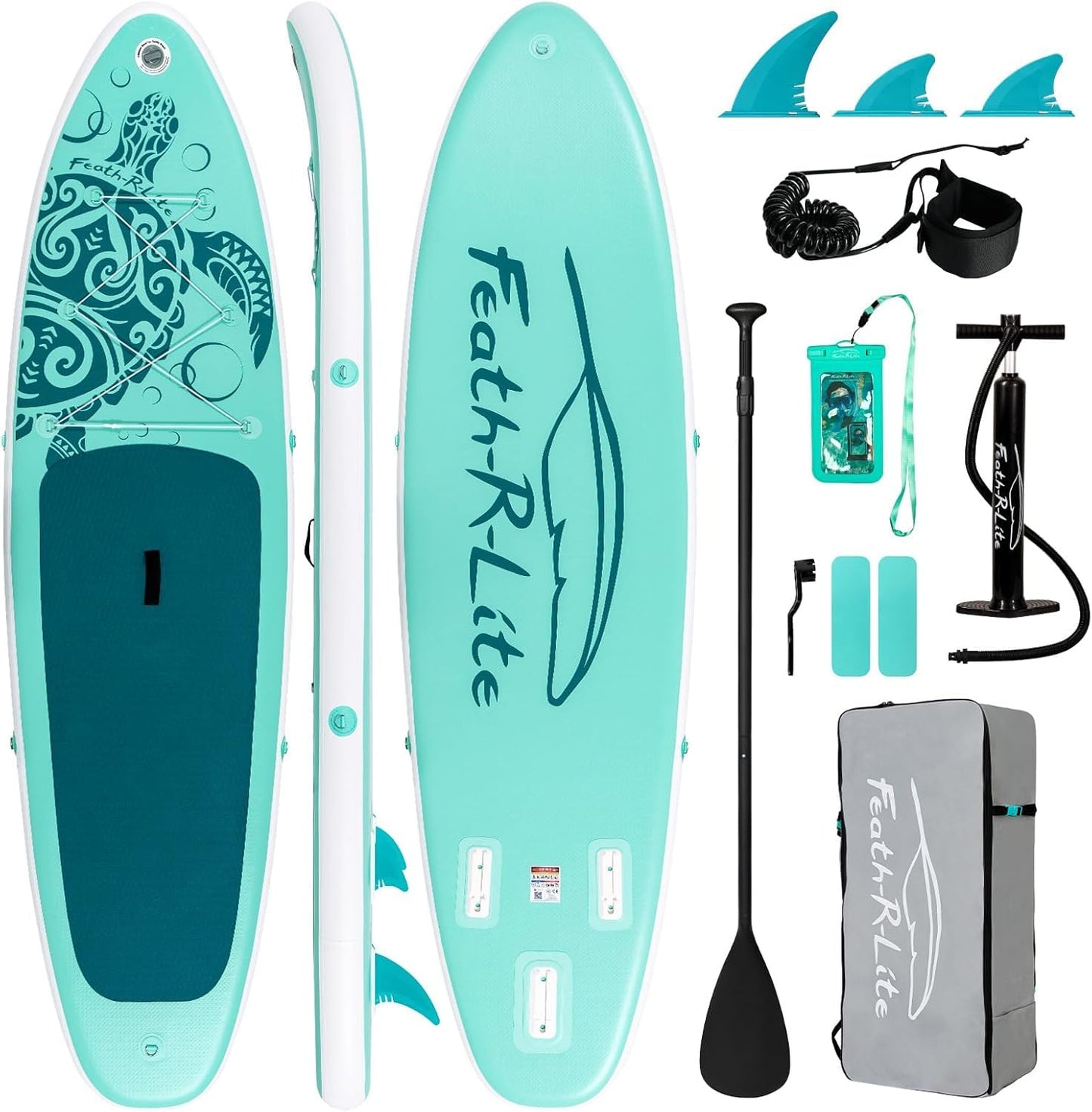 FEATH-R-LITE Aufblasbares SUP Board, Surfbrett mit komplettem Zubehör, verstellbares Paddel, Pumpe, Rucksack, Leine & Dry Bag, für Erwachsene