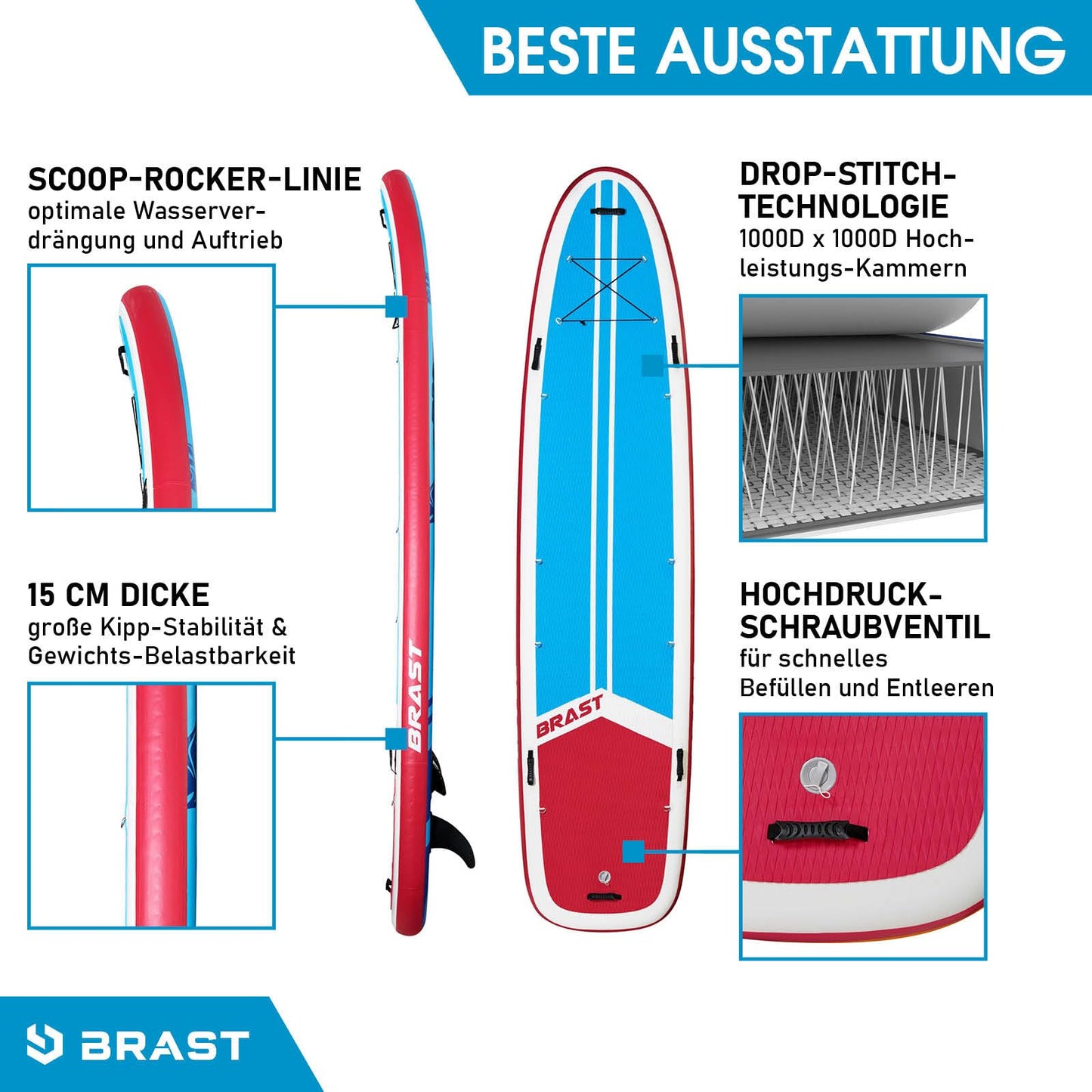 BRAST® SUP Board Family XXL 370x87x15cm, bis 210kg, aufblasbar, inkl. Zubehör-Set mit 2 Kajaksitzen, 2 Paddeln, Pumpe & Rucksack, Design Turtle