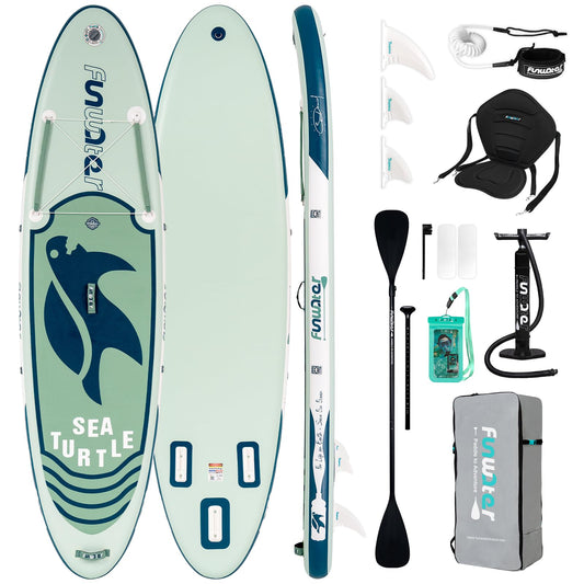 FunWater Aufblasbares SUP Board, Surfbrett mit komplettem Zubehör, verstellbares Paddel, Pumpe, Rucksack, Leine & Dry Bag, für Erwachsene