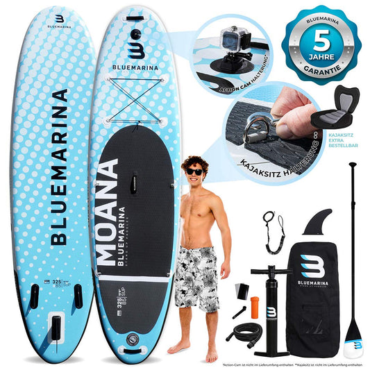 Bluemarina Moana SUP Board aufblasbar 325x85x15cm, bis 180kg Tragkraft, inkl. Paddle-Set & Surfbrett-Zubehör, 5 Jahre Garantie