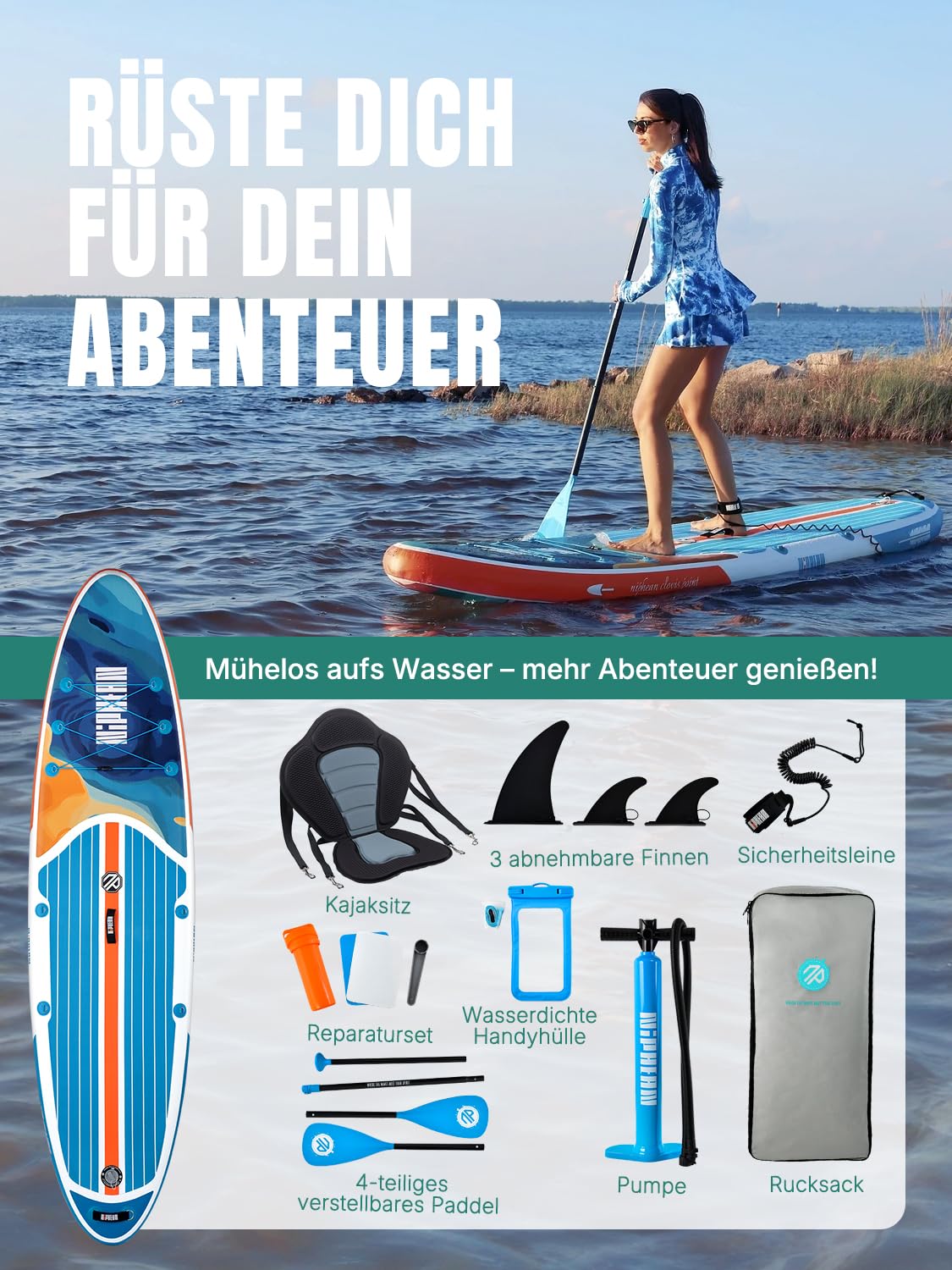 Niphean SUP Board 320cm für Erwachsene, bis 200kg Tragkraft für 2 Personen, inkl. Sitz & Zubehör, Paddleboard für alle Fähigkeitsstufen