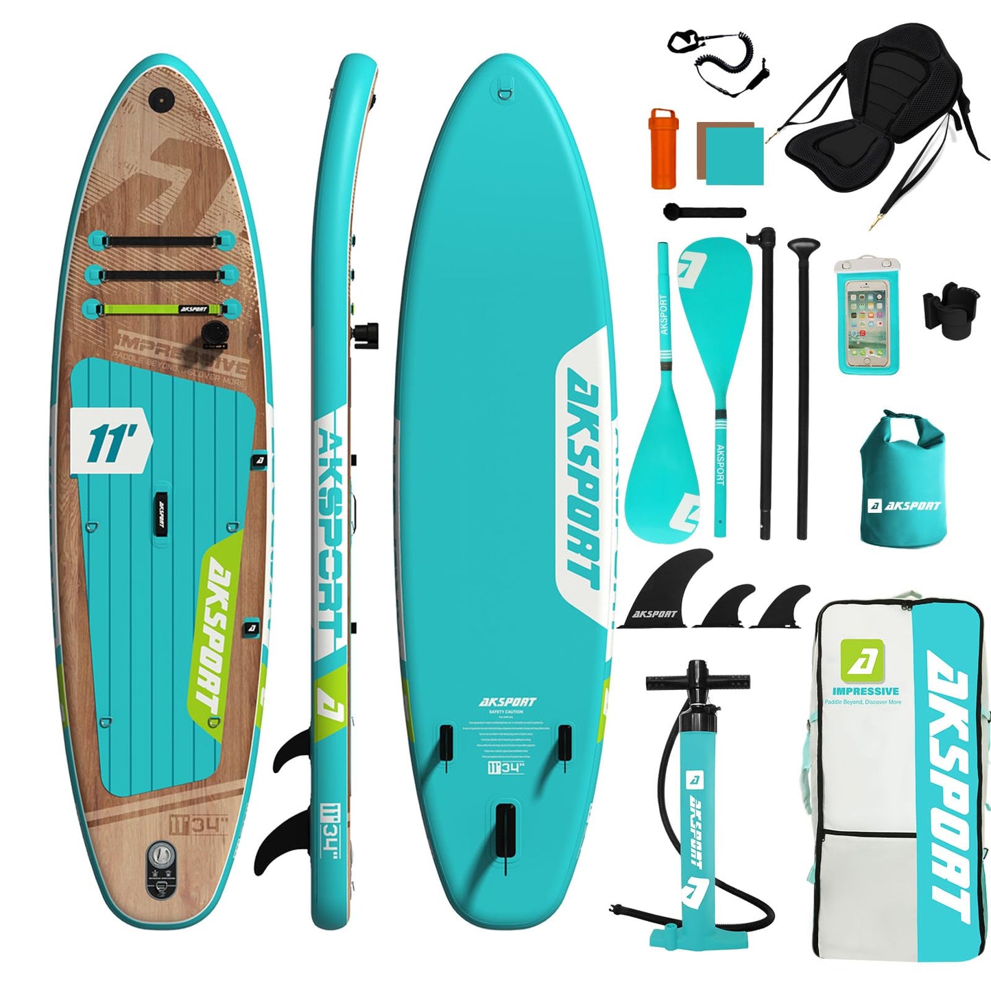 AKSPORT 11' Aufblasbares SUP Board mit Zubehör, stabiles Design, rutschfestes Deck, 2-in-1 Paddle/Kajak Board für Paddeln & Fischen
