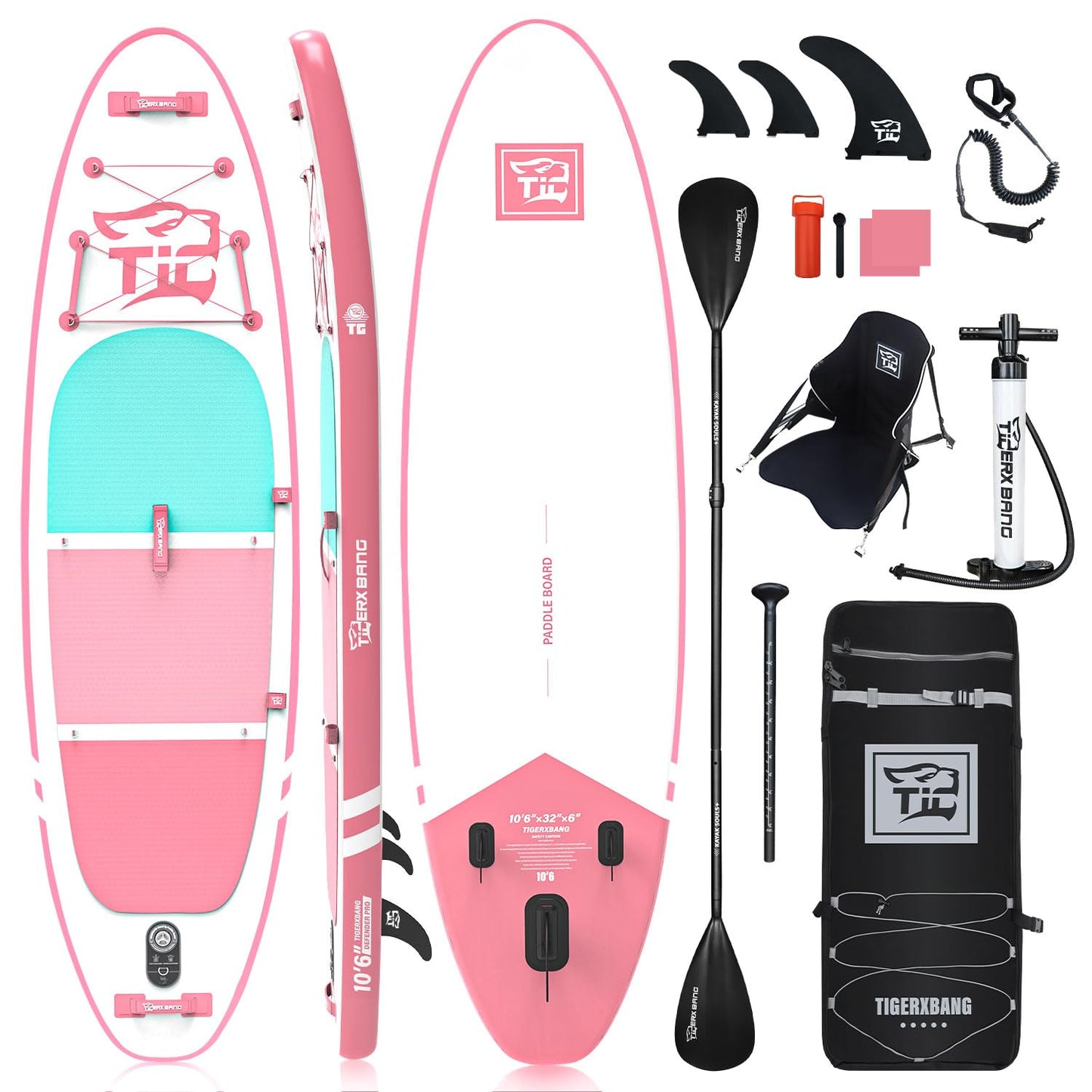TIGERXBANG SUP Board 320x82x15cm, aufblasbar mit Doppelpaddel & Kajak-Sitz, robustes Stand Up Paddleboard, Defender-Pro Kollektion Rosa