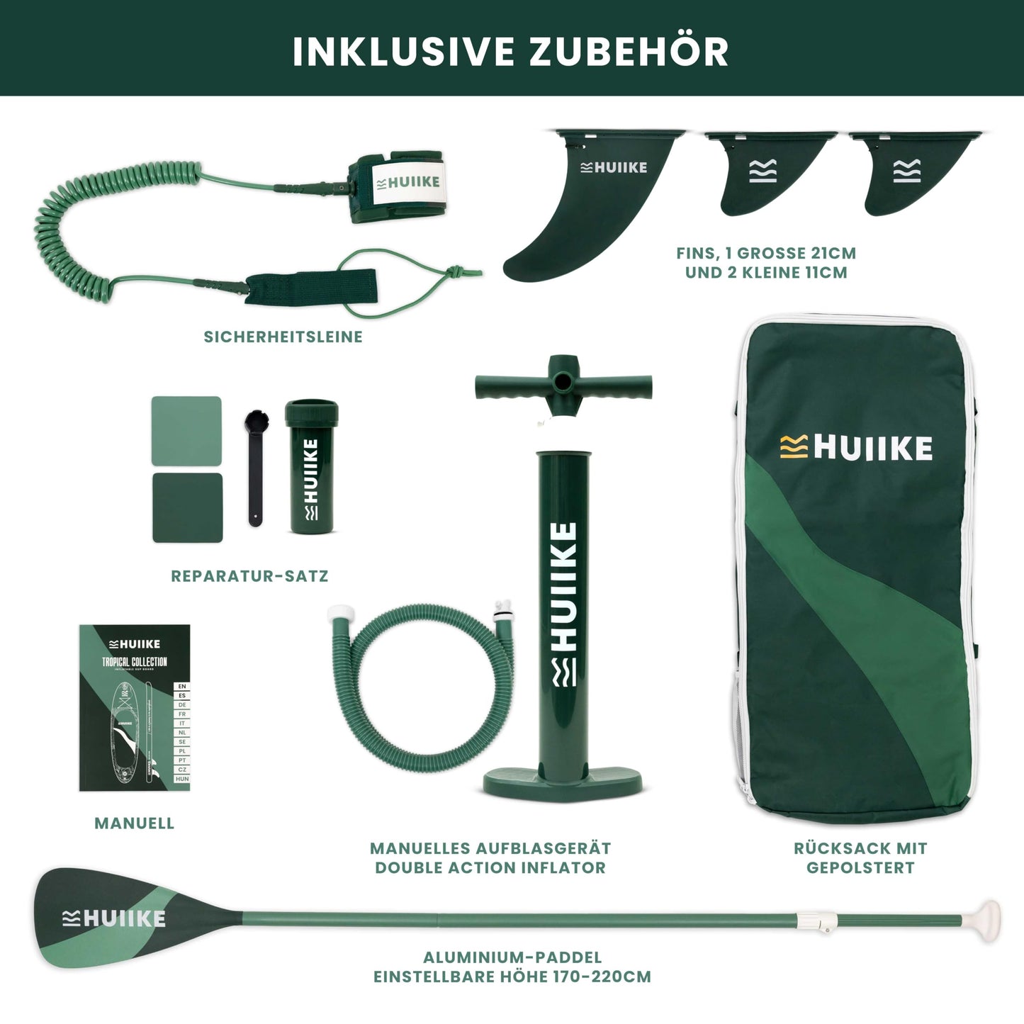 HUIIKE SUP Board aufblasbar, inkl. Aluminium-Paddel & hochwertigem Zubehör, stabiles & langlebiges Stand Up Paddleboard Set für Erwachsene