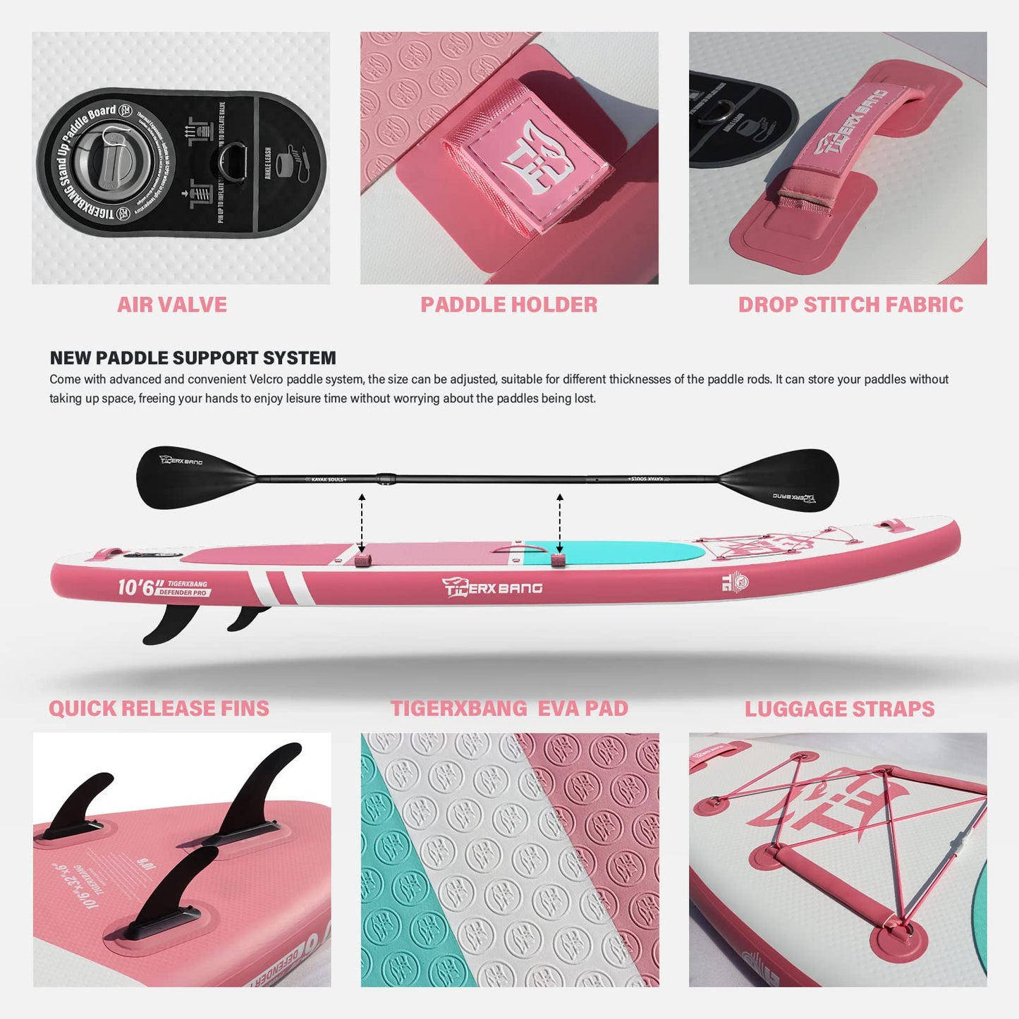 TIGERXBANG SUP Board 320x82x15cm, aufblasbar mit Doppelpaddel & Kajak-Sitz, robustes Stand Up Paddleboard, Defender-Pro Kollektion Rosa
