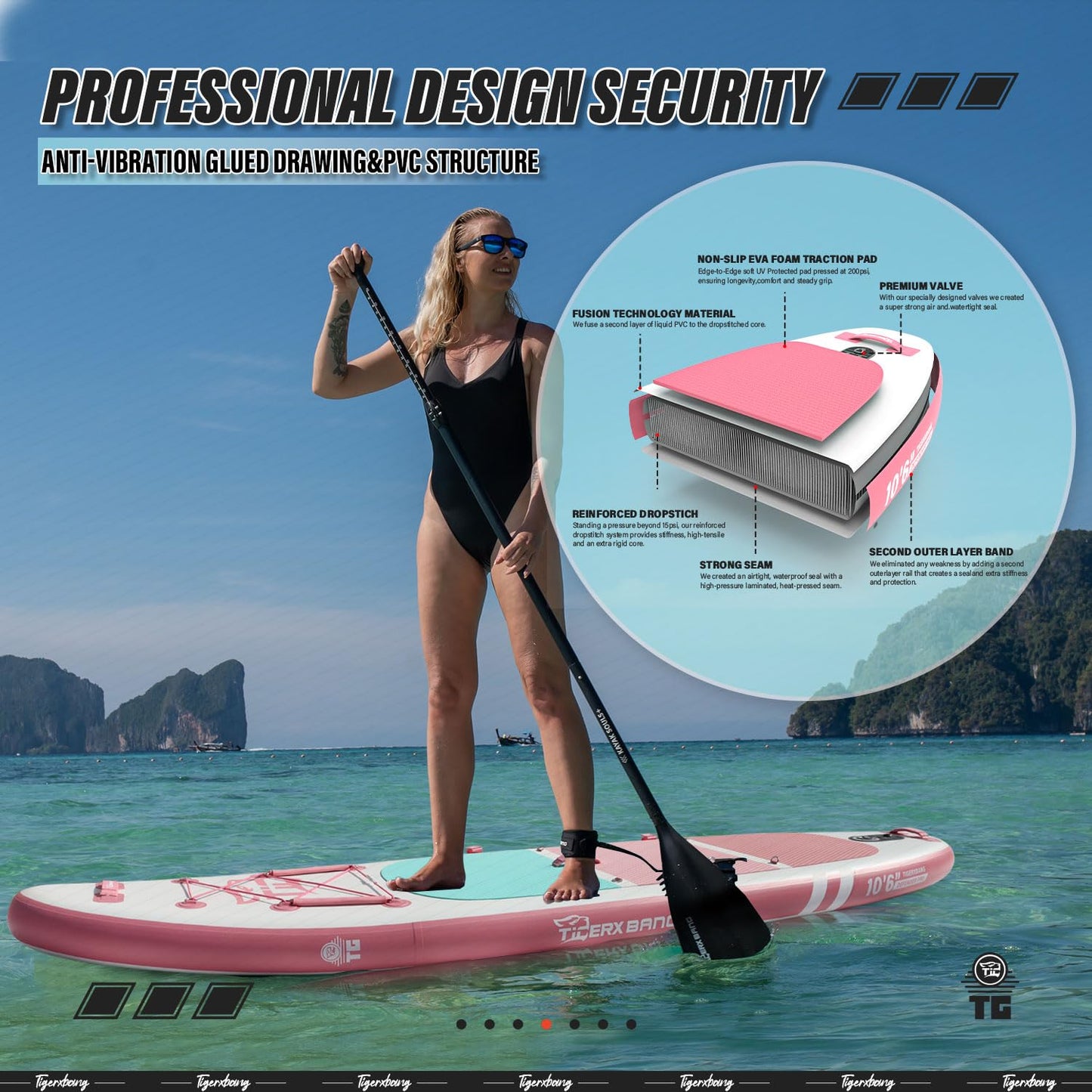TIGERXBANG SUP Board 320x82x15cm, aufblasbar mit Doppelpaddel & Kajak-Sitz, robustes Stand Up Paddleboard, Defender-Pro Kollektion Rosa