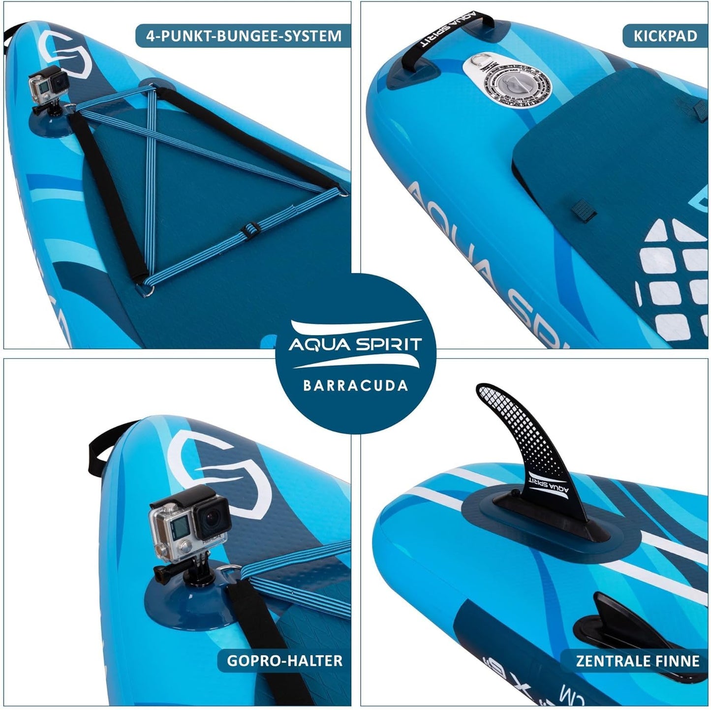 Aqua Spirit SUP Board aufblasbar 320x81x15cm, inkl. Paddel, Kajaksitz, Rucksack, Pumpe & Zubehör, für Erwachsene Anfänger & Experten, Blau