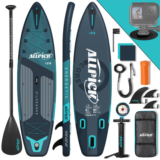 ALLPICK Premium SUP Board Set, aufblasbar, mit Zubehör & Kamerahalterung, verstellbares Paddel, für Anfänger & Profis, 180kg, Premium-Grün