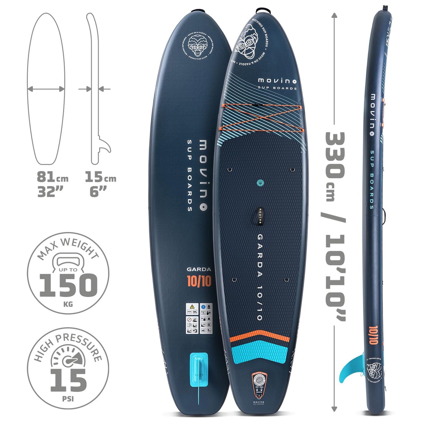 Movino Garda Allround SUP Board 10’10" (330cm), aufblasbar & leicht, inkl. Zubehör-Set, Stand Up Paddle Board für Wassersport & Freizeit