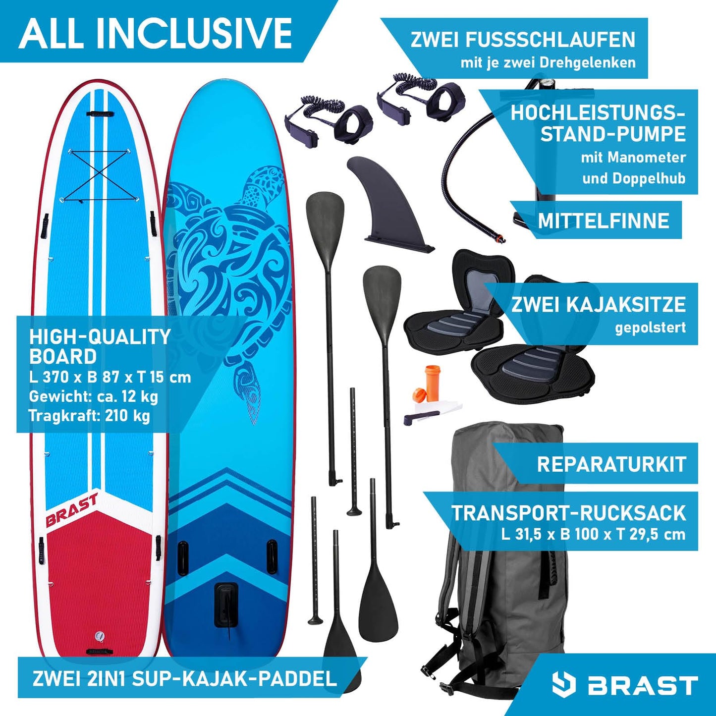 BRAST® SUP Board Family XXL 370x87x15cm, bis 210kg, aufblasbar, inkl. Zubehör-Set mit 2 Kajaksitzen, 2 Paddeln, Pumpe & Rucksack, Design Turtle