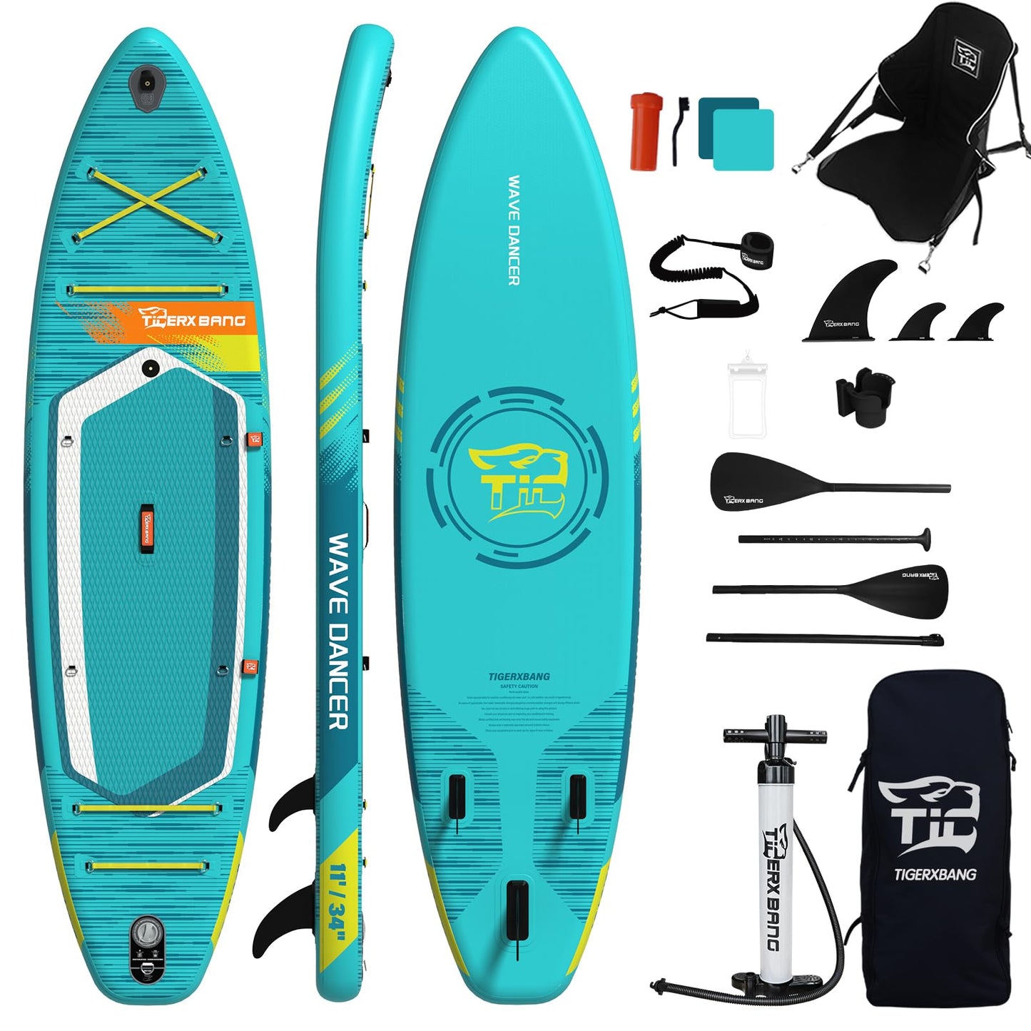 TIGERXBANG Aufblasbares SUP Board 335x86x15cm, vielseitig & stabil, für Erwachsene & Jugendliche, inkl. komplettem Zubehör, Wave Rider Blau