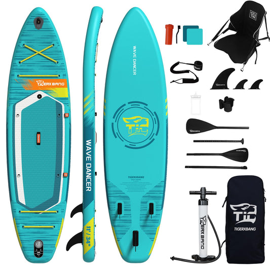 TIGERXBANG Aufblasbares SUP Board 335x86x15cm, vielseitig & stabil, für Erwachsene & Jugendliche, inkl. komplettem Zubehör, Wave Rider Blau