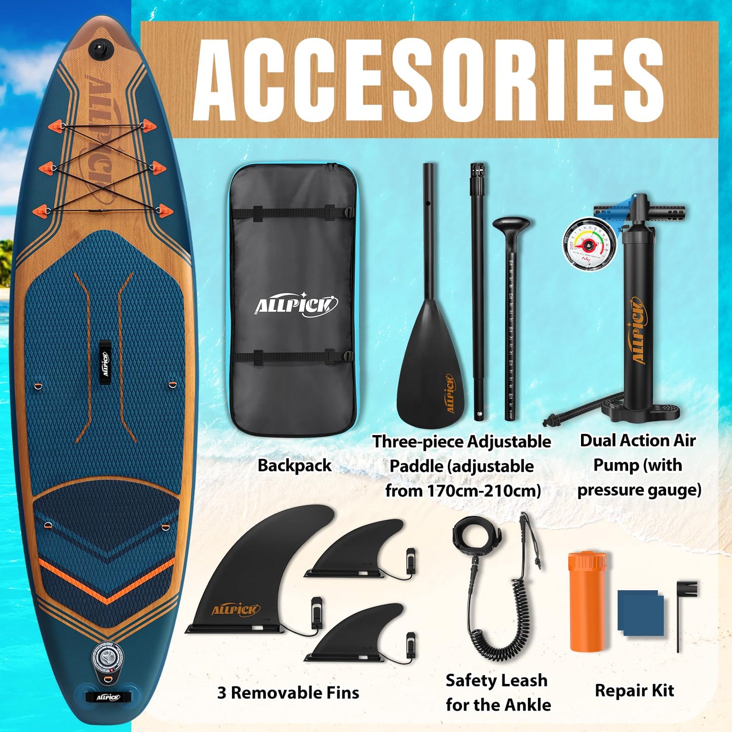ALLPICK Premium SUP Board Set, aufblasbar, mit Zubehör & Kamerahalterung, verstellbares Paddel, für Anfänger & Profis, 180kg, Marineblau