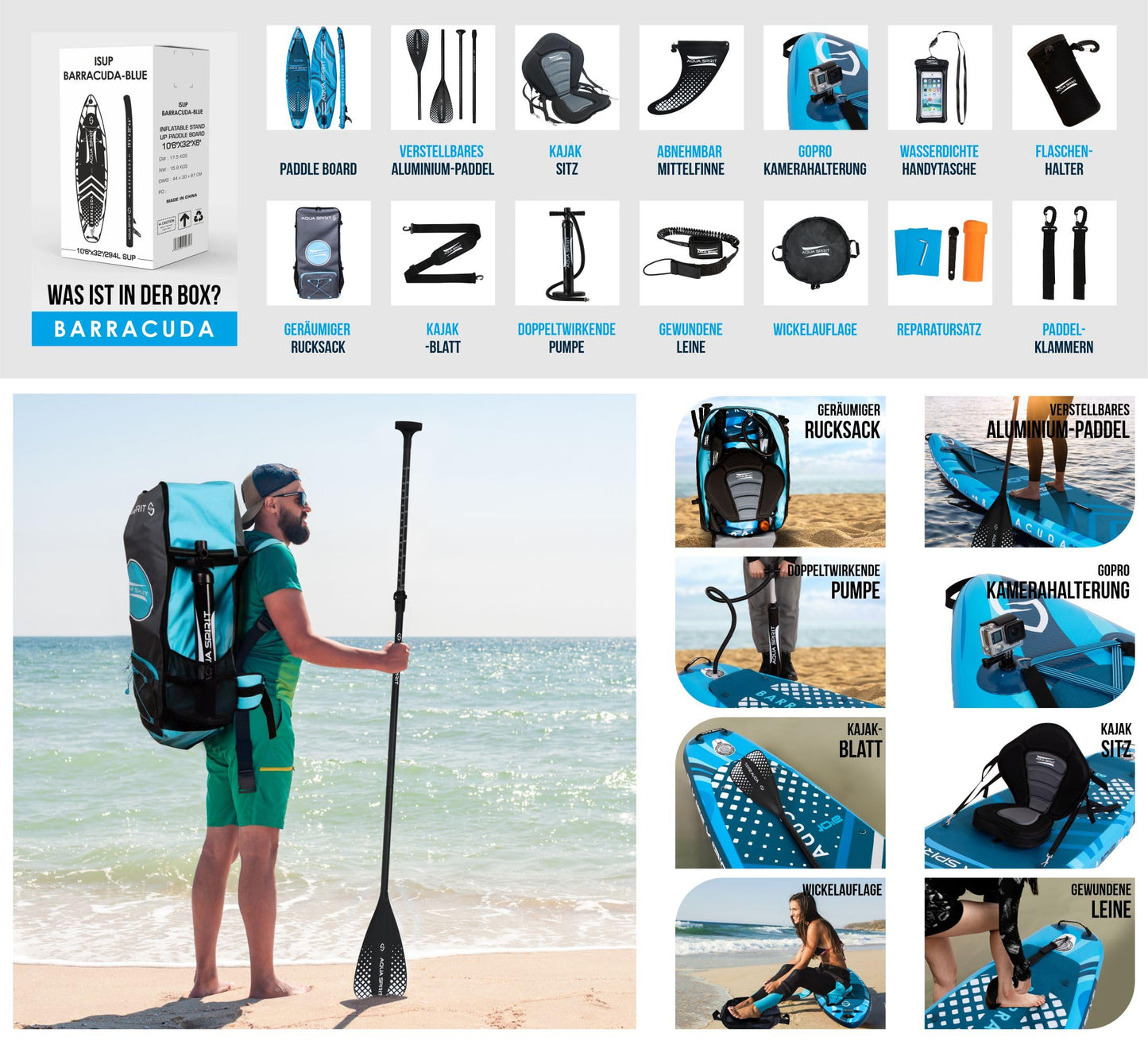 Aqua Spirit SUP 2024 Aufblasbares Paddle Board 320x81x15cm, inkl. Kajak-Umbausatz, Paddel, Rucksack, Pumpe, Zubehör, 2 Jahre Garantie