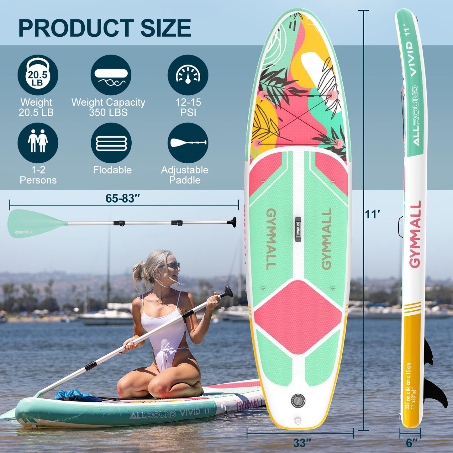 GYMMALL Aufblasbares SUP Board für Erwachsene & Jugendliche, breites rutschfestes Deck, inkl. Premium-Zubehör & Tragetasche, für alle Levels