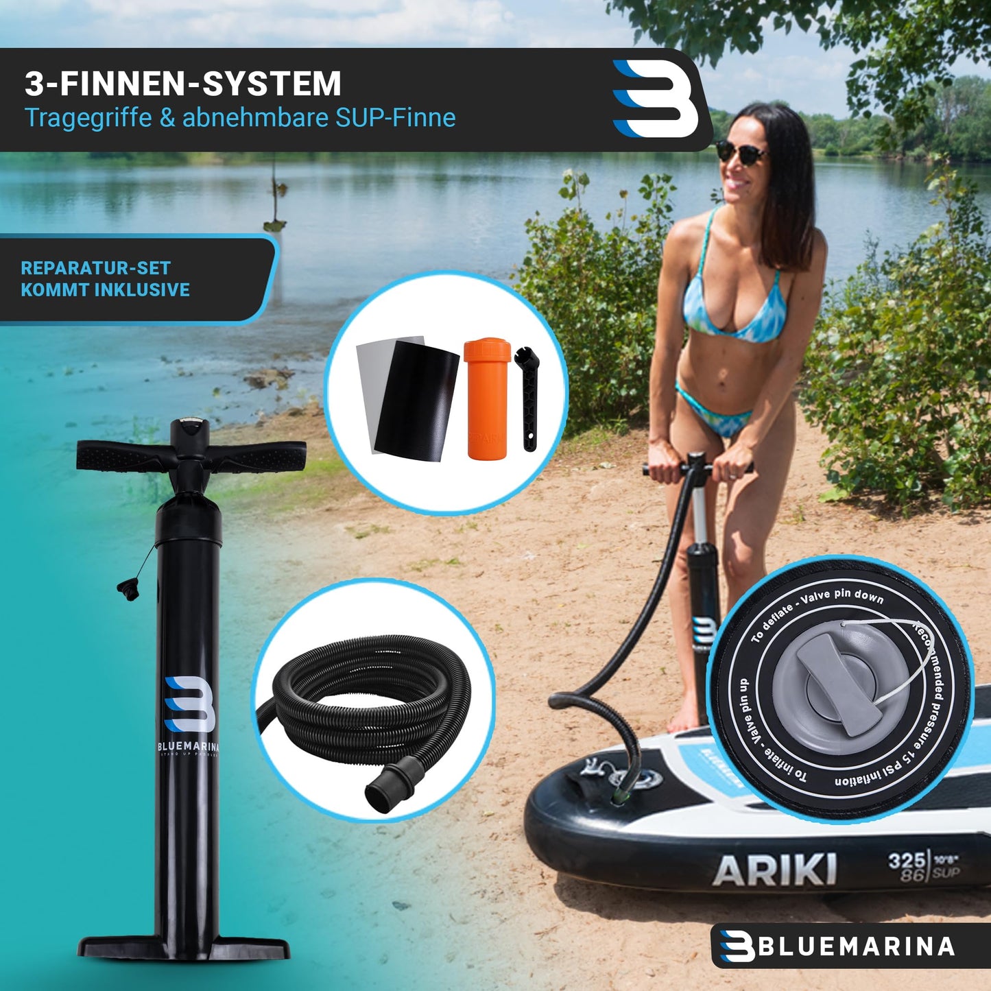 Bluemarina Ariki SUP Board aufblasbar 325x86x15cm, 140kg Tragkraft, inkl. Paddel-Set & Surfbrett-Zubehör, 5 Jahre Garantie
