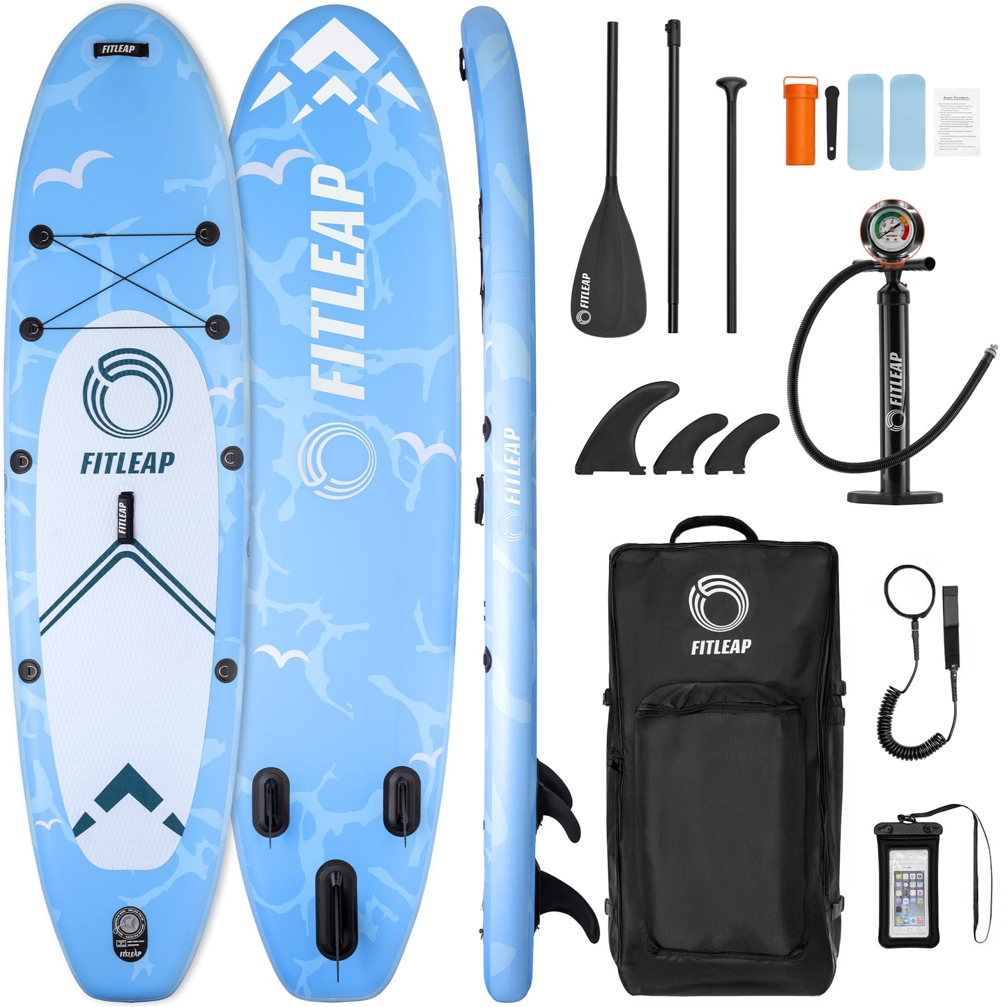 Fitleap Premium SUP Board aufblasbar, Set mit Hochdruckpumpe, verstellbarem Paddel & Rucksack, ideal für Anfänger & Profis, Yoga & Surfen
