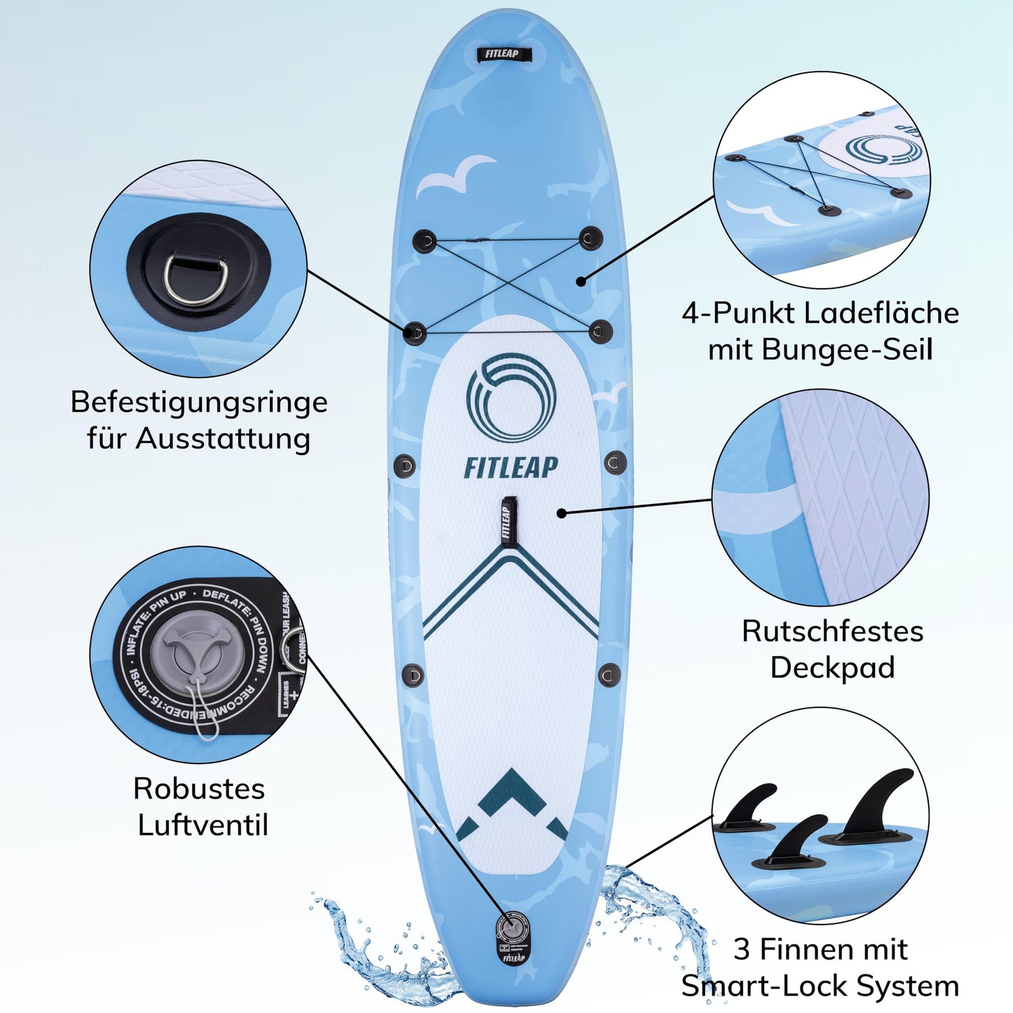 Fitleap Premium SUP Board aufblasbar, Set mit Hochdruckpumpe, verstellbarem Paddel & Rucksack, ideal für Anfänger & Profis, Yoga & Surfen