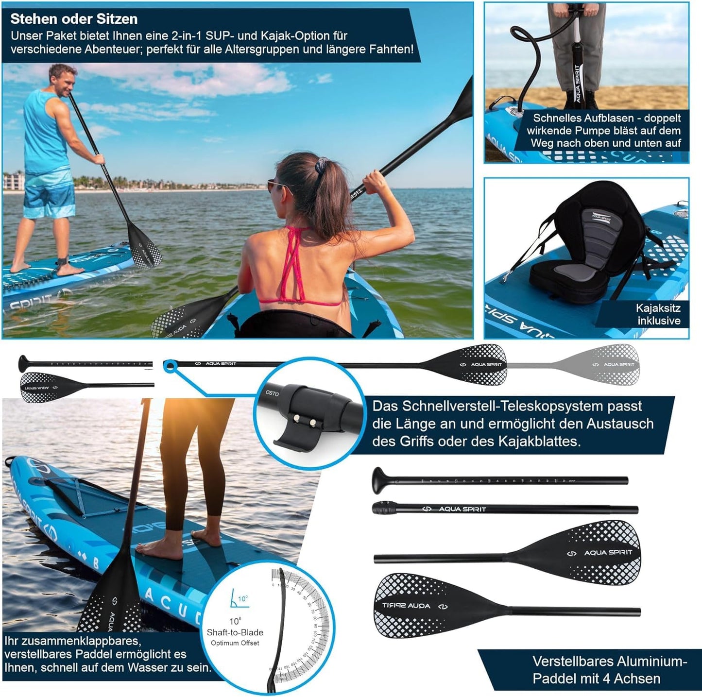 Aqua Spirit SUP Board aufblasbar 320x81x15cm, inkl. Paddel, Kajaksitz, Rucksack, Pumpe & Zubehör, für Erwachsene Anfänger & Experten, Blau