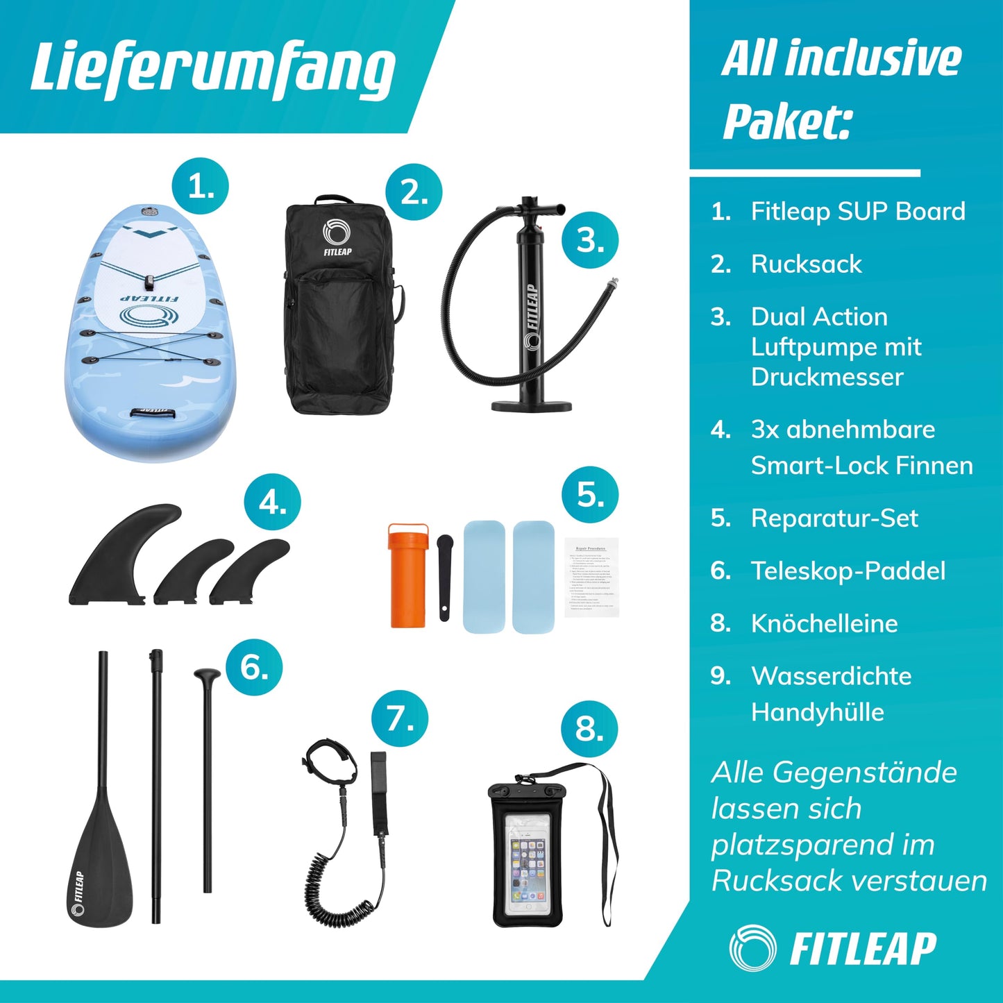 Fitleap Premium SUP Board aufblasbar, Set mit Hochdruckpumpe, verstellbarem Paddel & Rucksack, ideal für Anfänger & Profis, Yoga & Surfen