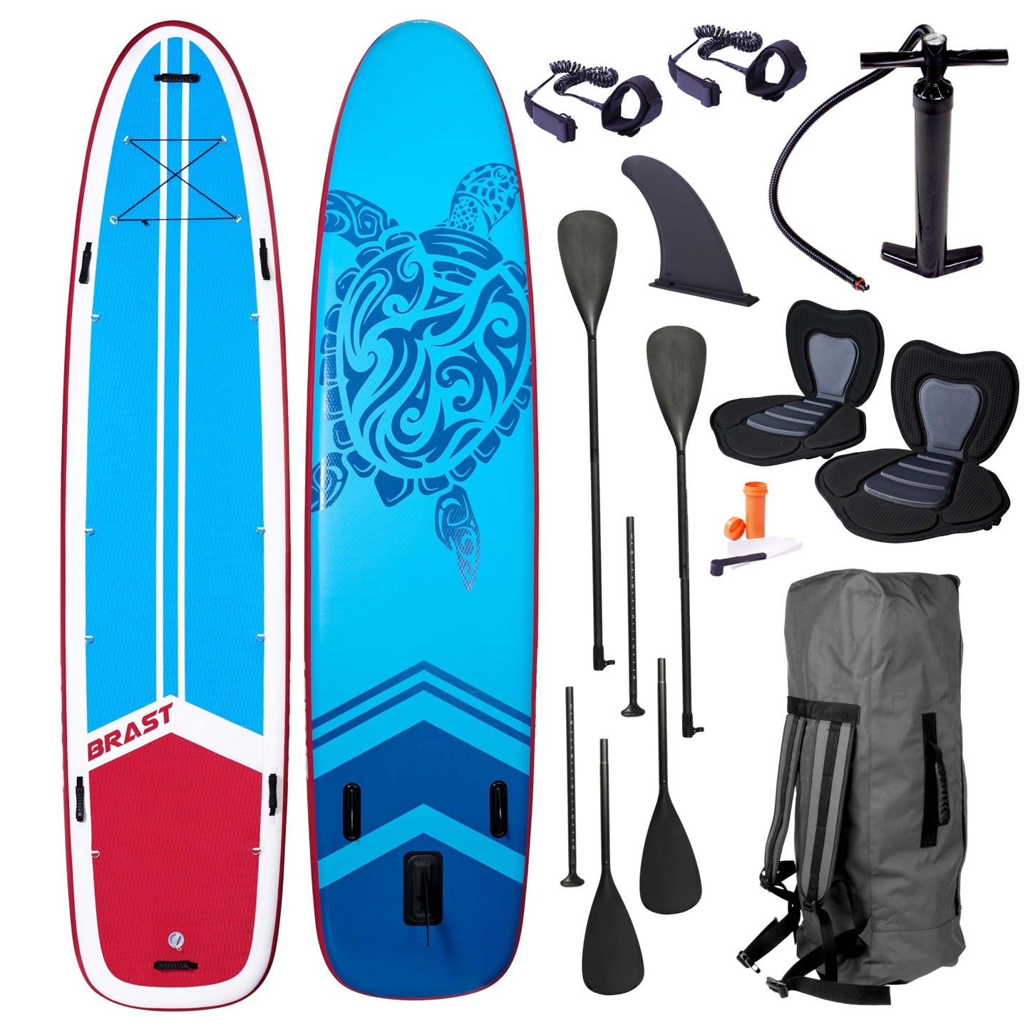 BRAST® SUP Board Family XXL 370x87x15cm, bis 210kg, aufblasbar, inkl. Zubehör-Set mit 2 Kajaksitzen, 2 Paddeln, Pumpe & Rucksack, Design Turtle
