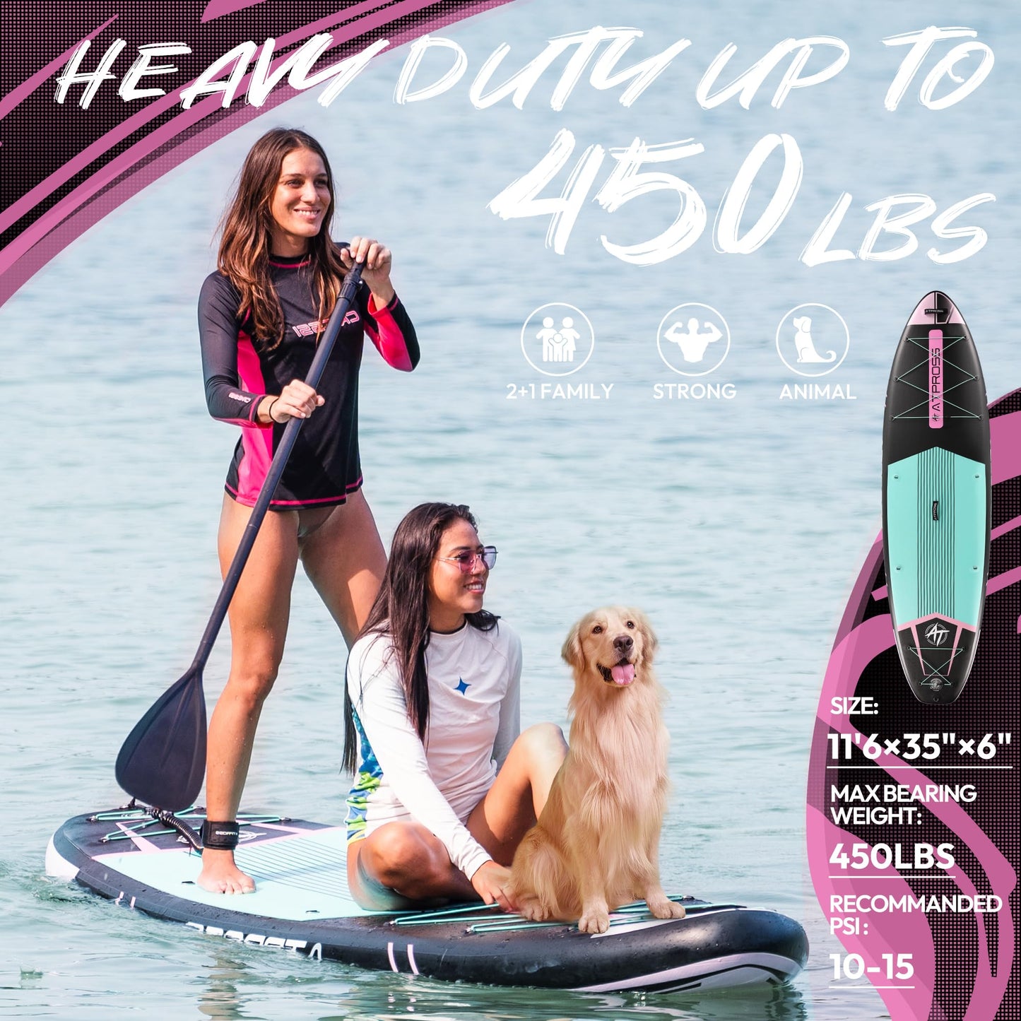 ATPROSS 350x89x15cm Inflatable SUP Board, extra breit & stabil, 200kg, inkl. Zubehör-Set & Rucksack, Kajak-Board für Yoga, Angeln & Surfen