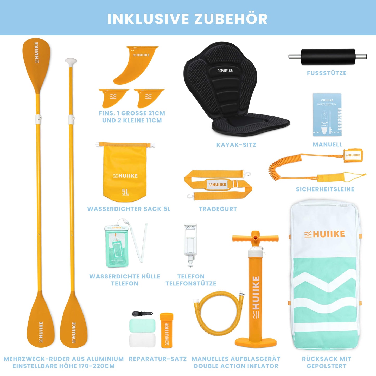 HUIIKE Aufblasbares SUP Board Set mit Aluminium-Paddel & Zubehör, stabiles langlebiges Stand Up Paddleboard für Erwachsene & Einsteiger