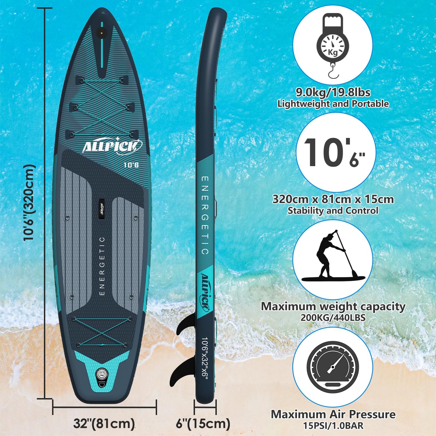 ALLPICK Premium SUP Board Set, aufblasbar, mit Zubehör & Kamerahalterung, verstellbares Paddel, für Anfänger & Profis, 180kg, Premium-Grün
