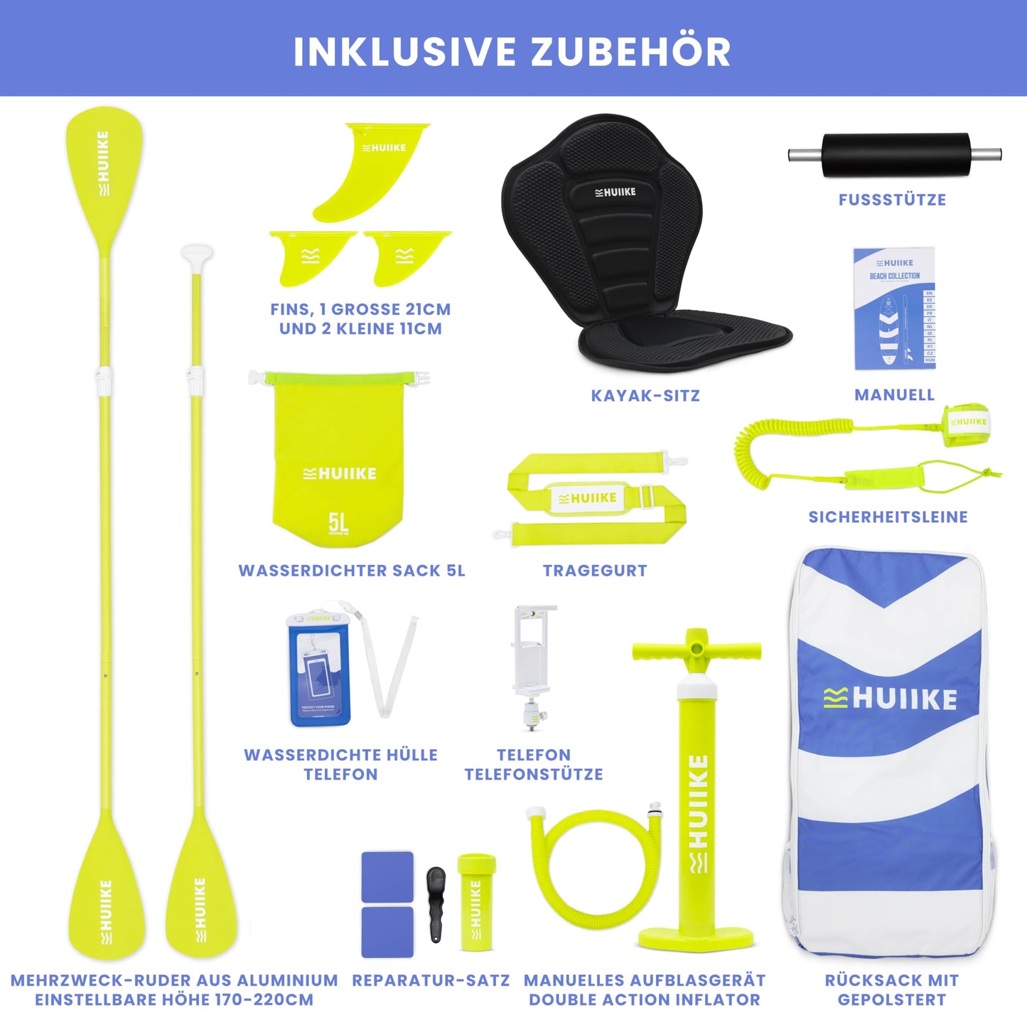 HUIIKE SUP Board aufblasbar mit Aluminium-Paddel & Zubehör, stabiles & langlebiges Stand Up Paddleboard Set für Erwachsene & Anfänger
