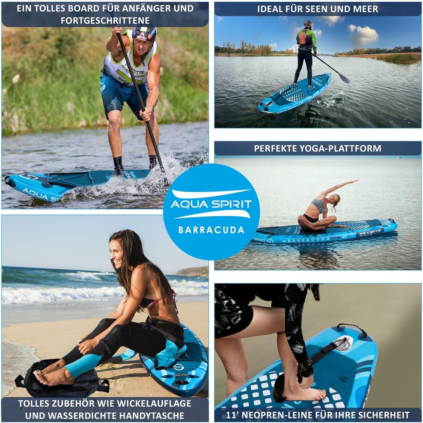 Aqua Spirit SUP Board aufblasbar 320x81x15cm, inkl. Paddel, Kajaksitz, Rucksack, Pumpe & Zubehör, für Erwachsene Anfänger & Experten, Blau
