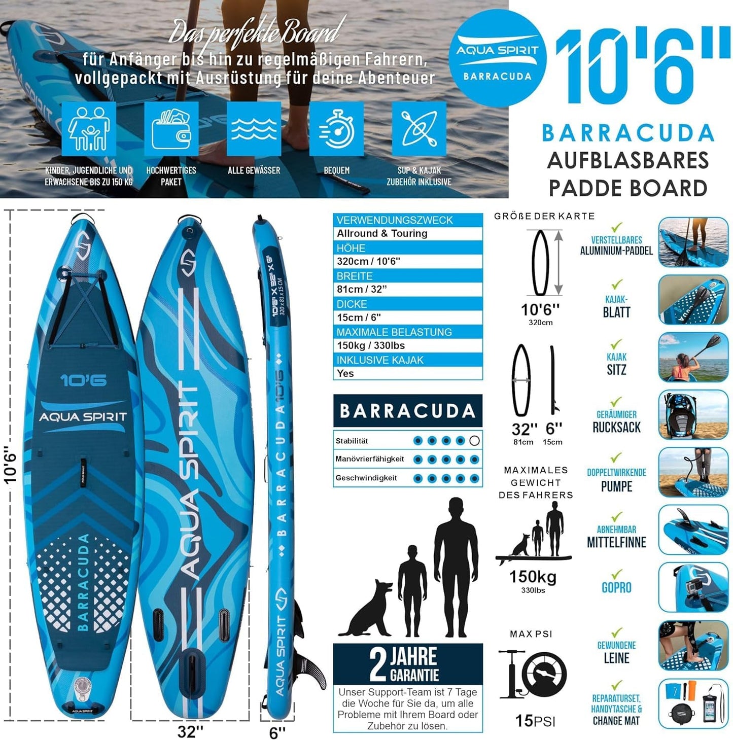 Aqua Spirit SUP Board aufblasbar 320x81x15cm, inkl. Paddel, Kajaksitz, Rucksack, Pumpe & Zubehör, für Erwachsene Anfänger & Experten, Blau