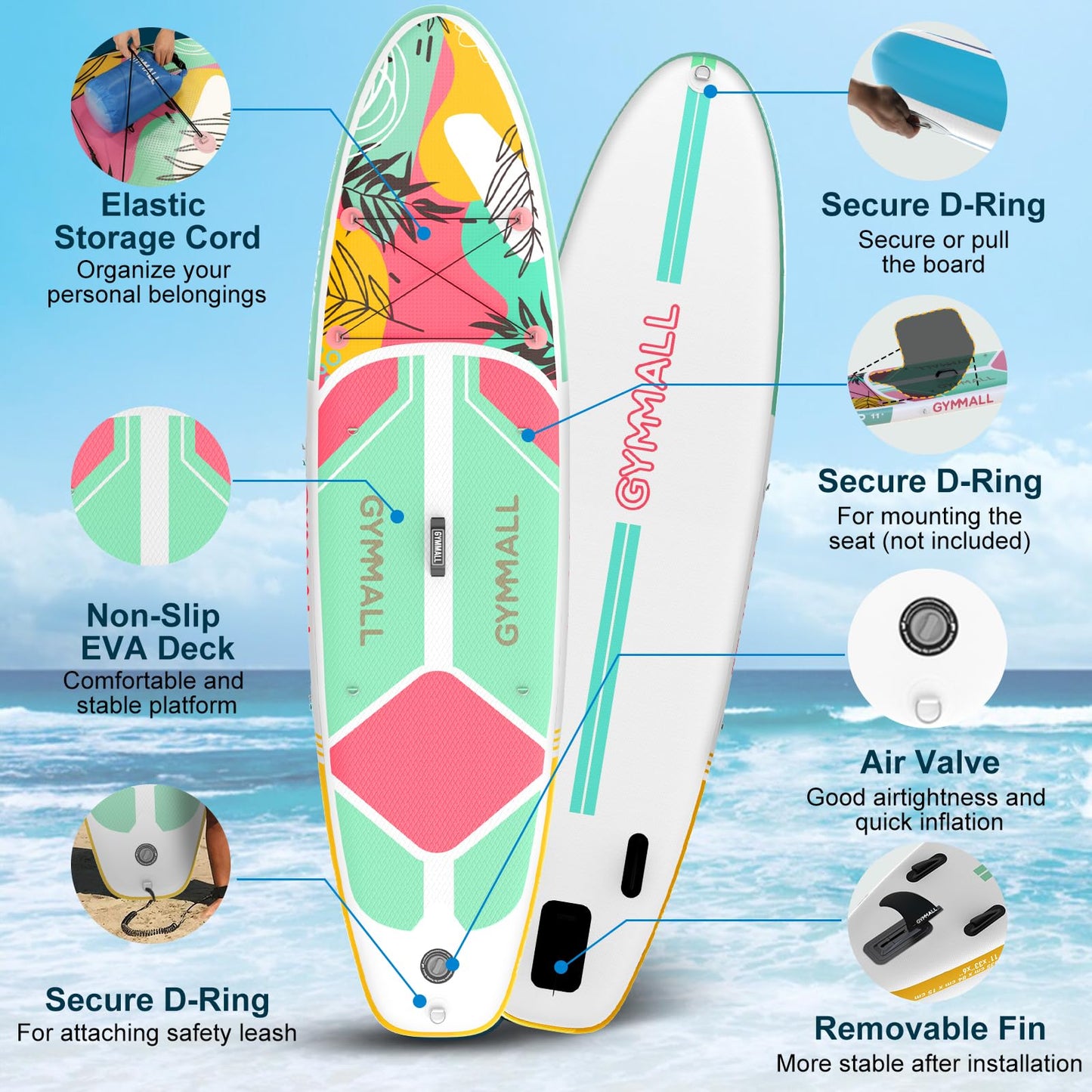 GYMMALL Aufblasbares SUP Board für Erwachsene & Jugendliche, breites rutschfestes Deck, inkl. Premium-Zubehör & Tragetasche, für alle Levels