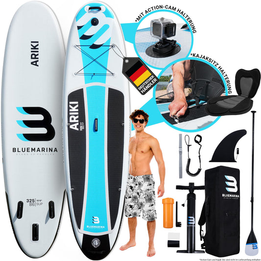 Bluemarina Ariki SUP Board aufblasbar 325x86x15cm, 140kg Tragkraft, inkl. Paddel-Set & Surfbrett-Zubehör, 5 Jahre Garantie