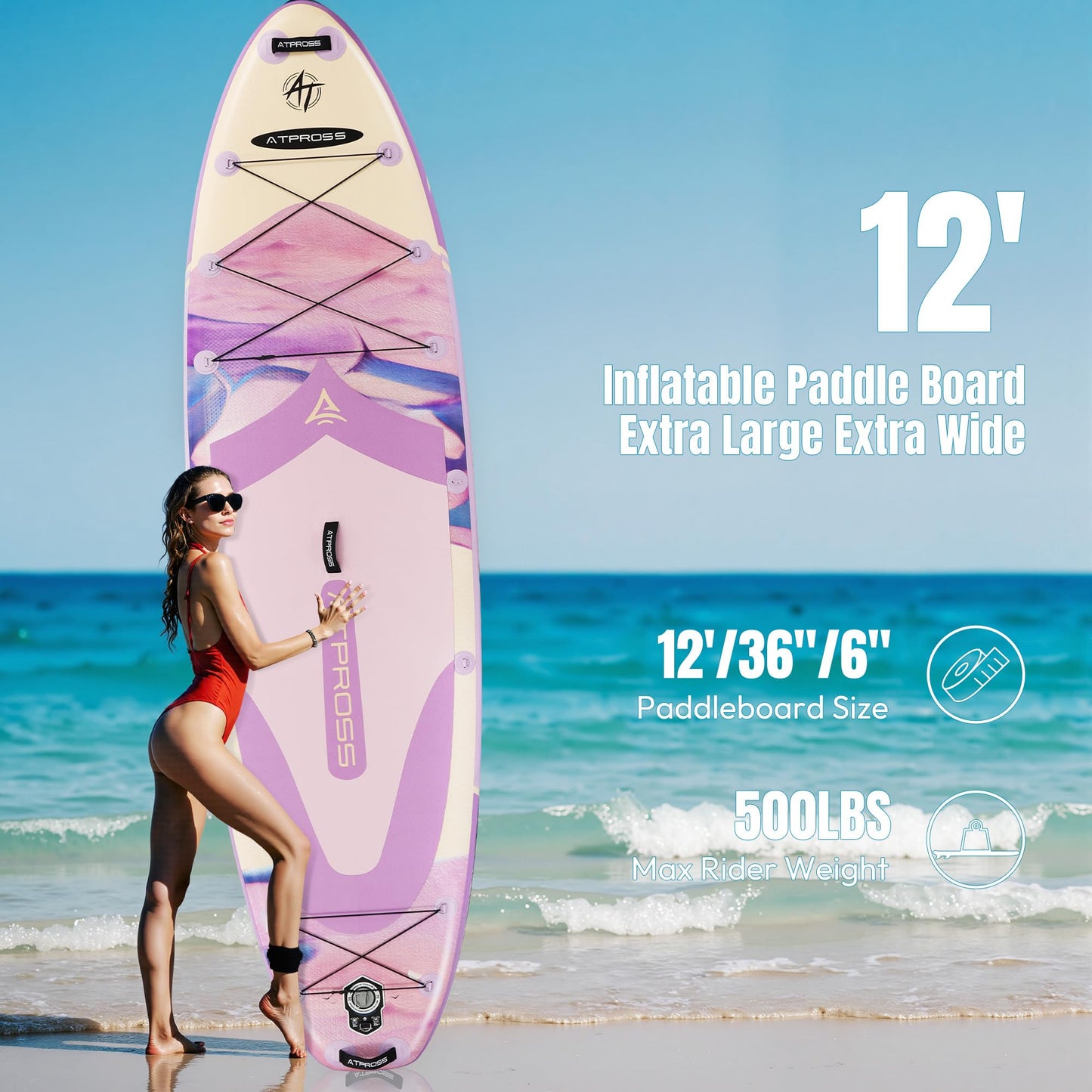 ATPROSS 12'x36 Inflatable SUP Board, extra breit & stabil, 450lbs, inkl. Zubehör-Set & Rucksack, Kajak-Board für Yoga, Angeln & Surfen