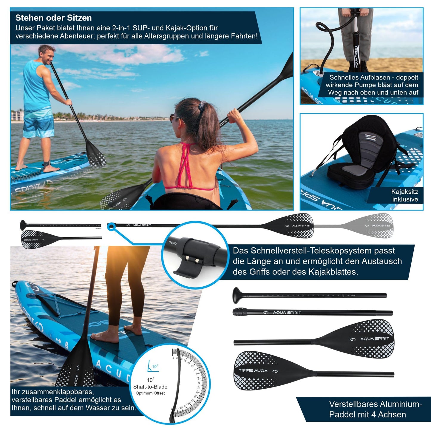 Aqua Spirit SUP 2024 Aufblasbares Paddle Board 320x81x15cm, inkl. Kajak-Umbausatz, Paddel, Rucksack, Pumpe, Zubehör, 2 Jahre Garantie