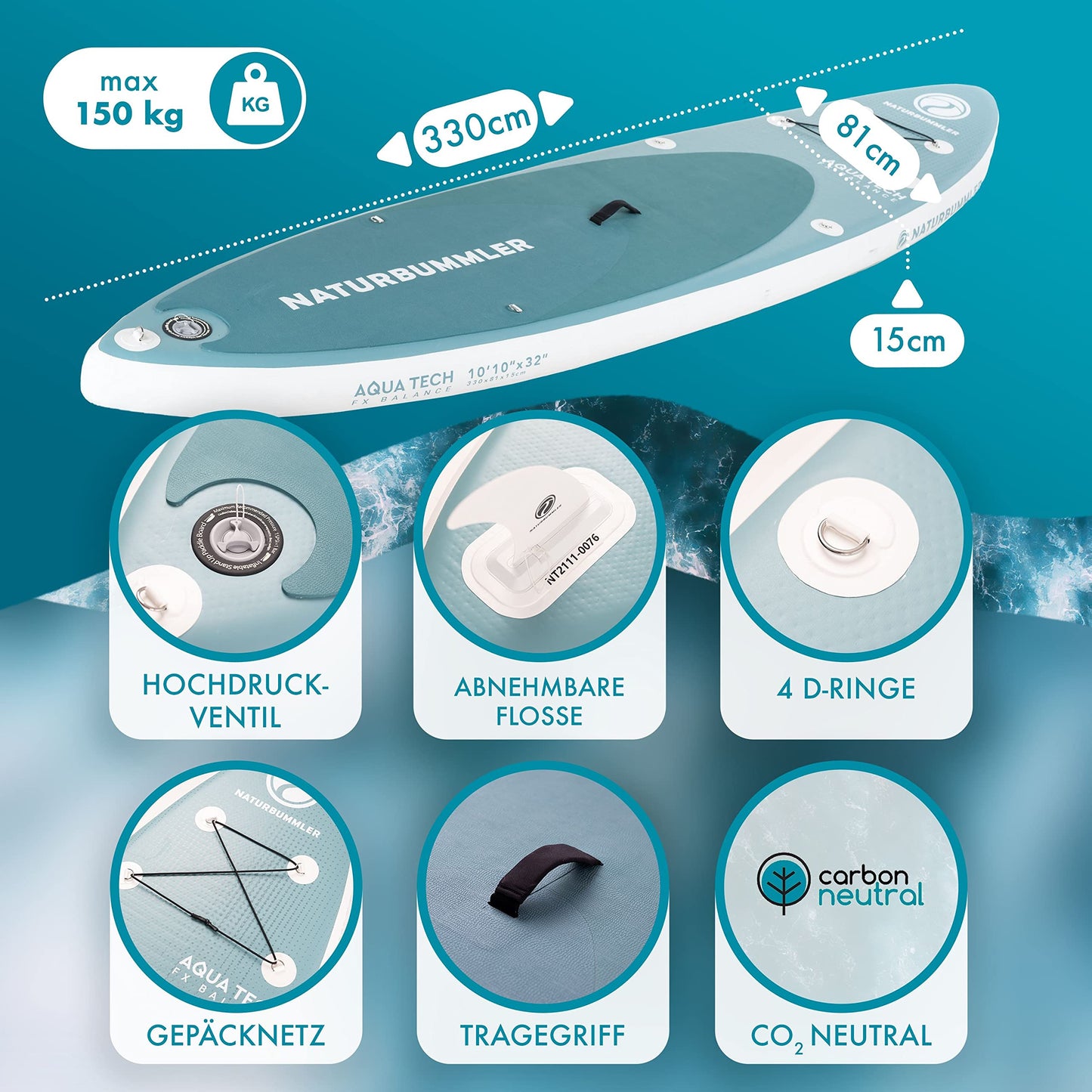 NATURBUMMLER® SUP Board Set 330x81x15cm, für Anfänger & Profis bis 150kg, inkl. Paddel, Luftpumpe & Rucksack, aufblasbares Paddleboard Outdoor